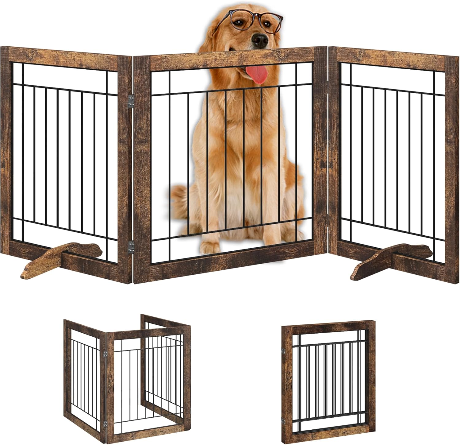 Vantas Folding No-Assembly Pet Gate 72" Wide, 30" Tall Wooden Dog Gate, Freestanding Wire Pet Gate, Pet Puppy Safety Fence, with 2PCS Support - Rustic Brown ?3-Panel?72"W x 30"H Rustic Brown