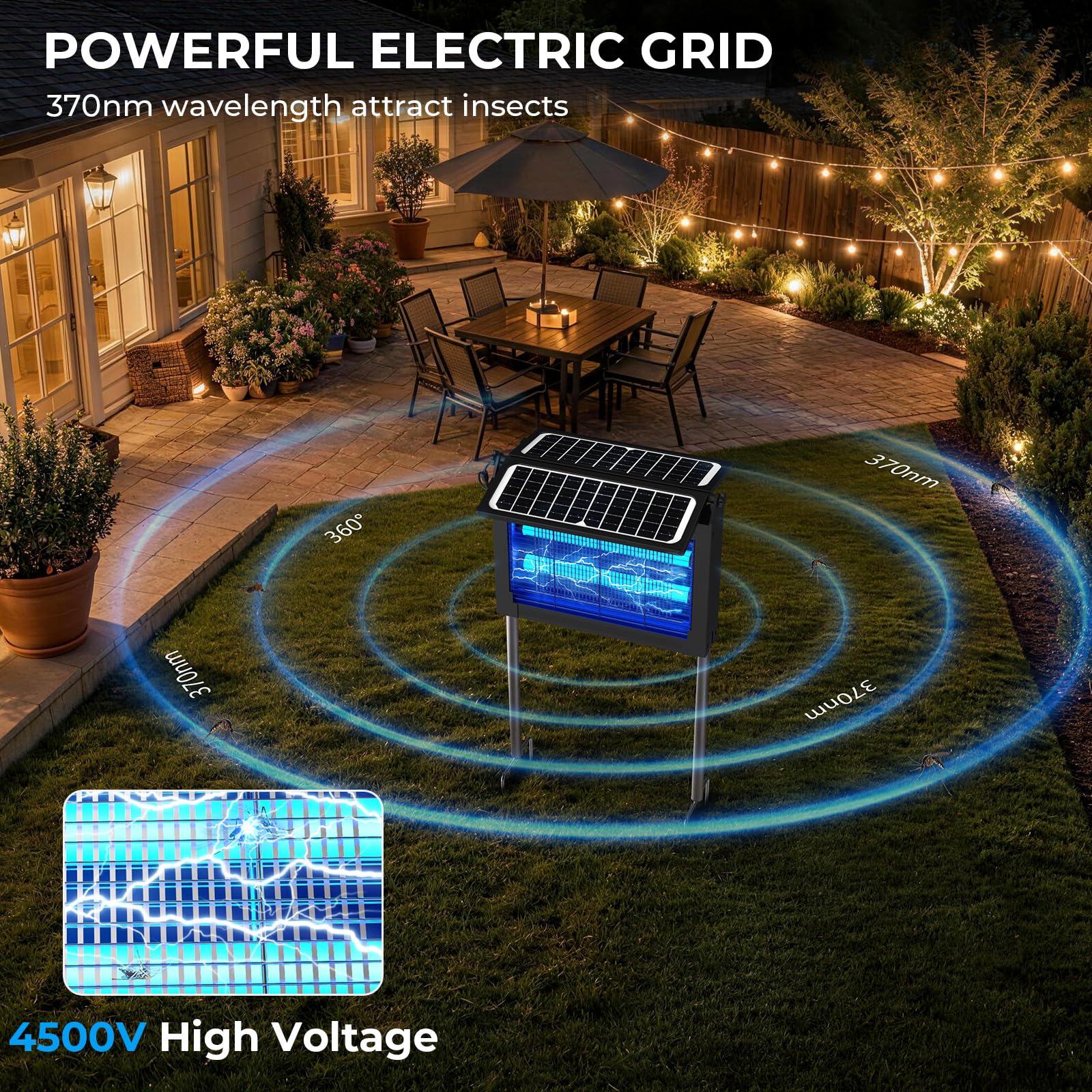 Eliminador de insectos para exteriores con panel solar grande, 4500 V, exterminador de mosquitos al aire libre, 4000 mAh, recargable, matamoscas inalámbrico, impermeable para patio, jardín