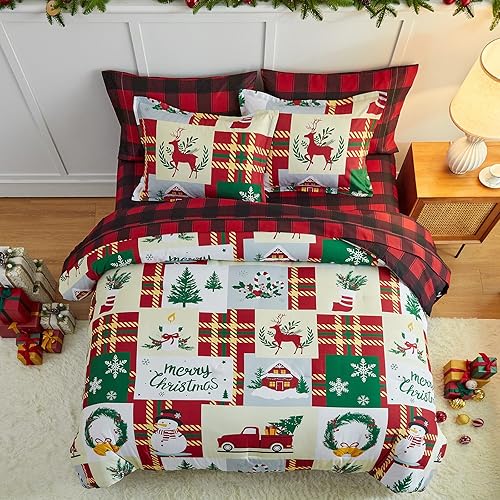 Miniatura 5 de Flysheep Juego de edredón de 3 piezas con diseño de retazos rojos de Navidad, tamaño individual, rojo, verde, blanco y beige, estampado de festival