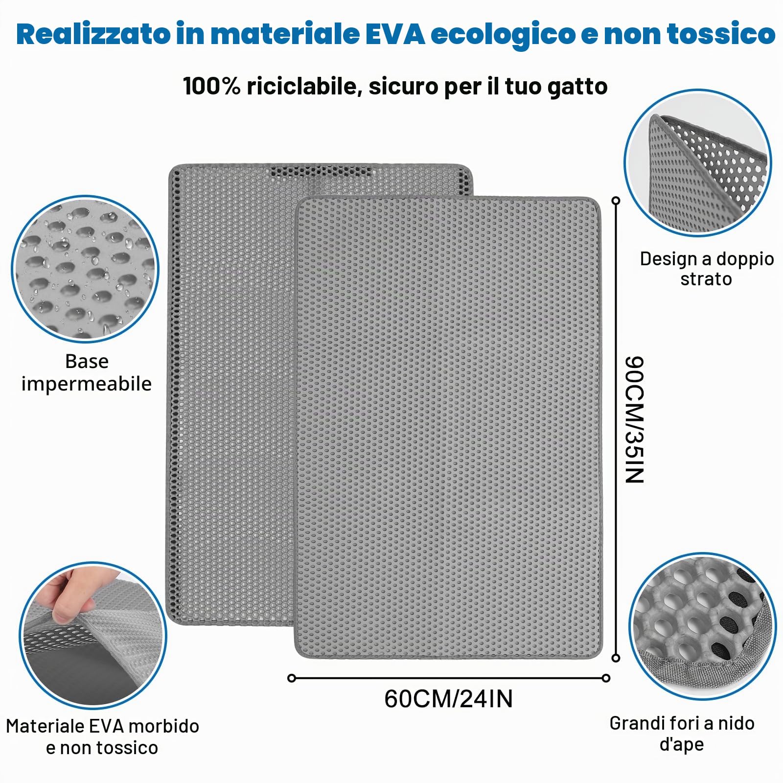 Tappetino per lettiera a doppio strato, 90 x 60 cm, tappetino impermeabile e tappetino per lettiera, con chiusura in velcro, struttura a nido d'ape a 2 strati, EVA antiscivolo