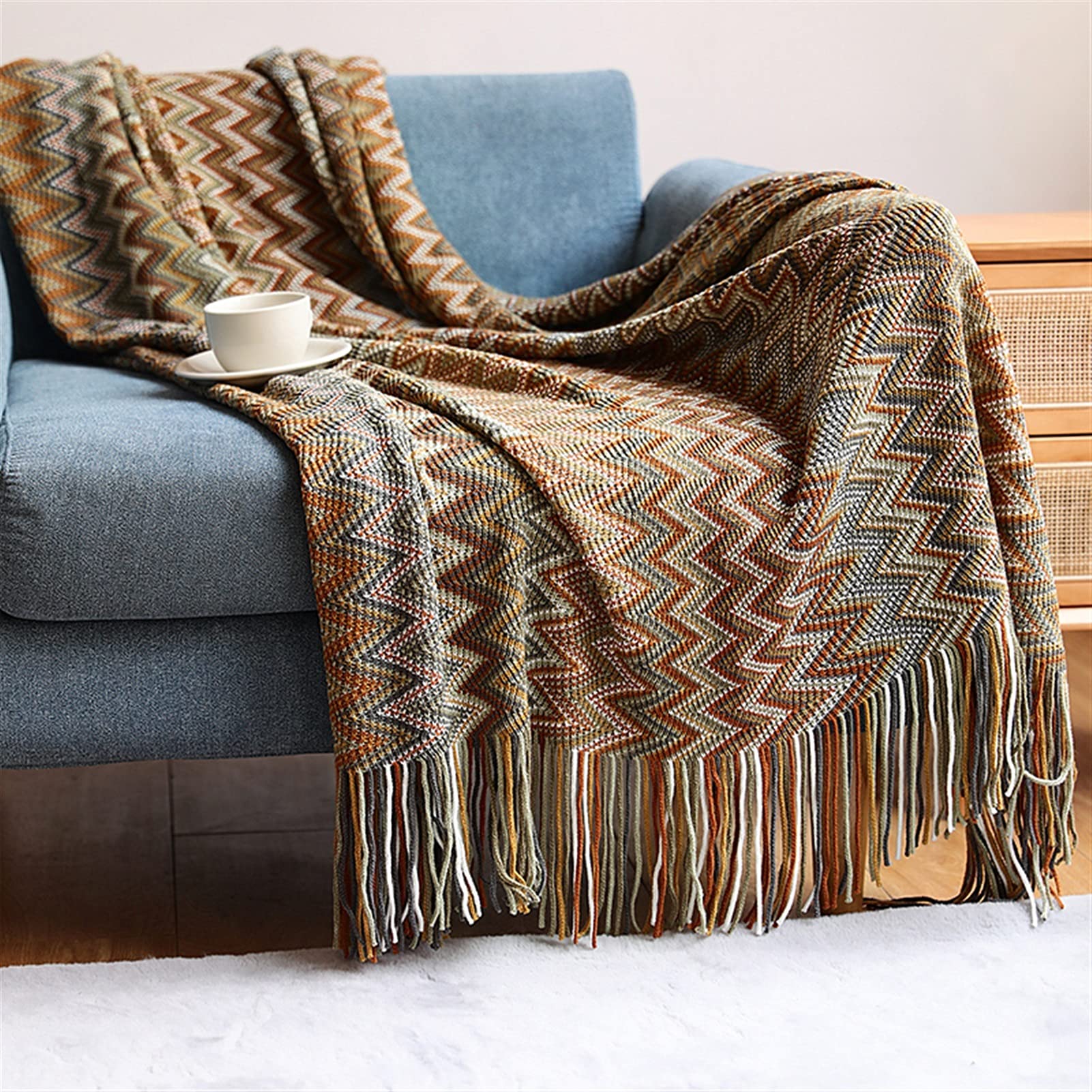 Couverture tricoté à la main en grosse maille souple pour lit et canapé coloris B