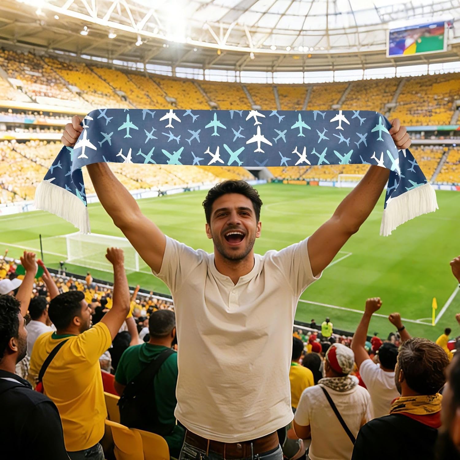 CHIFIGNO Airplane Navy Blue Sports Fan Scarf for Soccer Games, Soft Polyester Sweat Towel Wrap with Fringe Ends, Cheering Banner Scarf