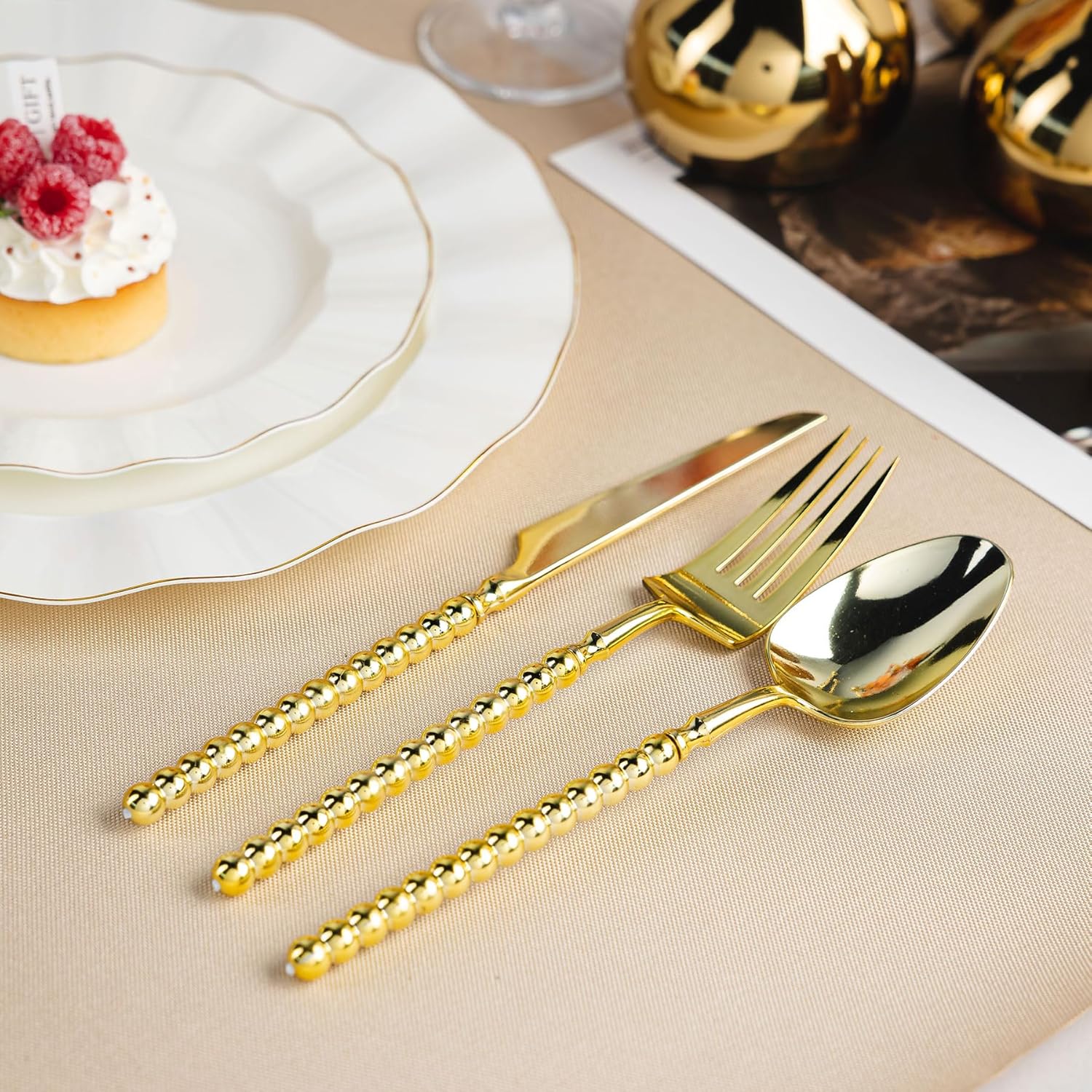 150PCS Gold Plastic Silverware, Heavy Duty utensils, Disposable Plastic Cutlery Silverware Include 50 Forks, 50 Knives, 50 Spoons for Party and Wedding, Gold Bead - Image 6