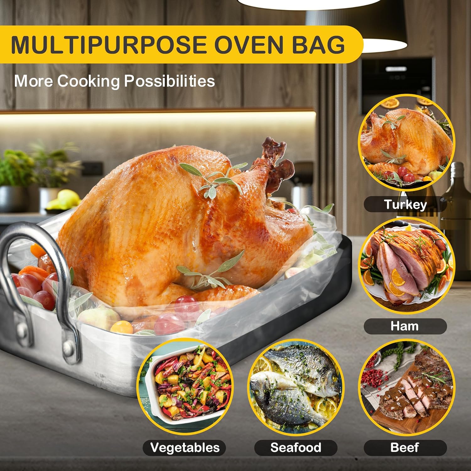 100 counts 19"x 23.5" Turkey Bags Multipurpose: Oven Cooking Roasting Freezer Baking Bags for Chicken Seafood/Home and Garden Bags for Harvest