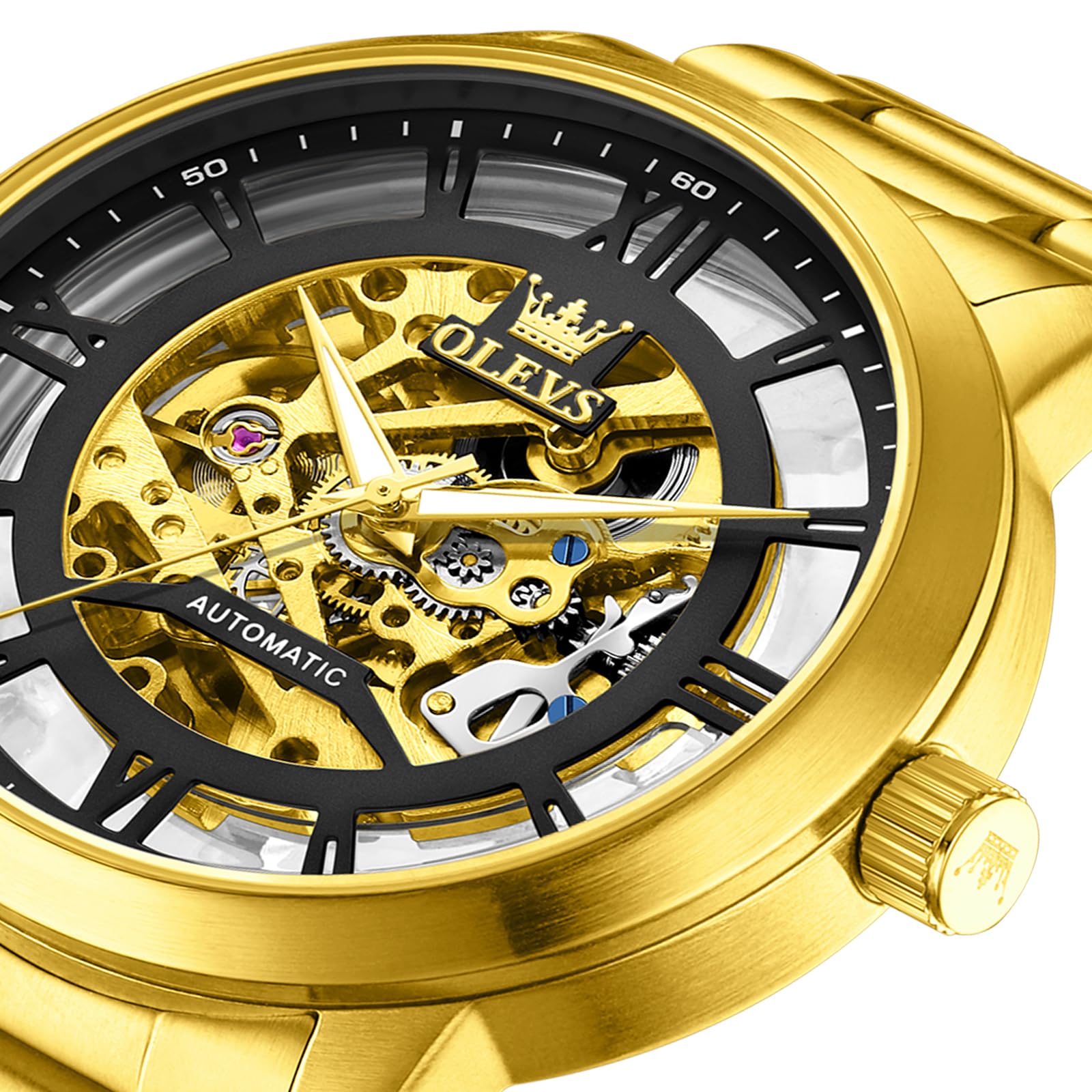 OLEVS Orologi automatici da uomo 43 MM scheletro grande quadrante 3 lancette orologio a carica automatica in acciaio inossidabile vestito di lusso meccanico impermeabile luminoso orologio da polso