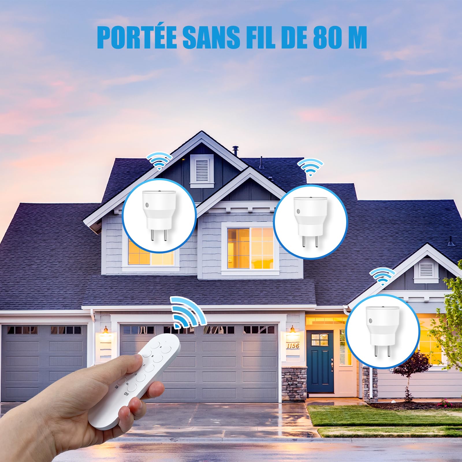Prise Telecommande Sans Fil 10A, 80M de Distance de Contrôle Dans la Zone Ouverte, 2300W, Puissance dissipée faible, 5 Prises Électriques et 2 Télécommande