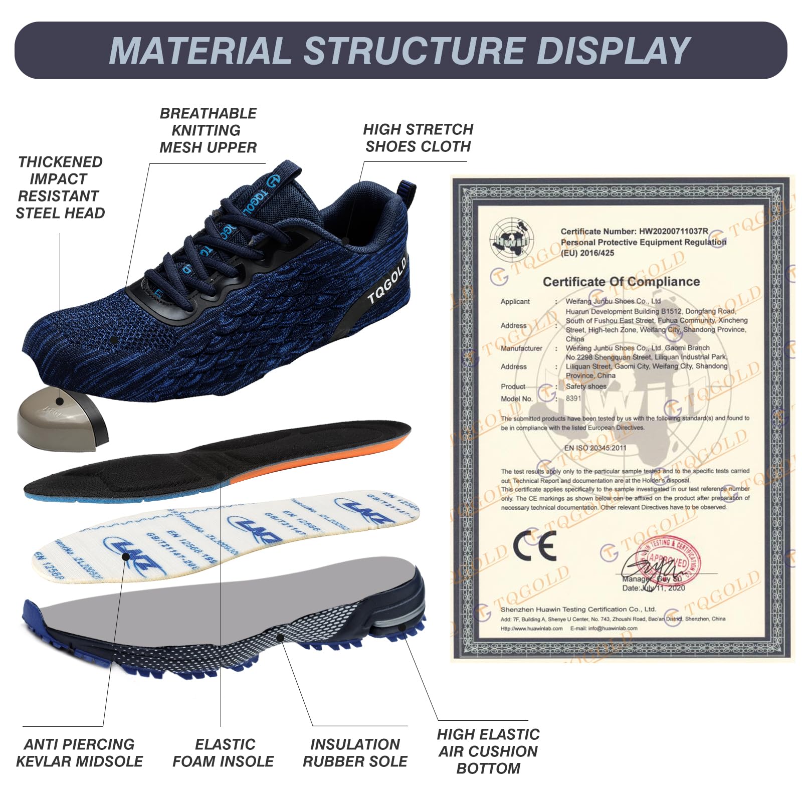 TQGOLD Scarpe Antinfortunistiche Uomo Leggere Comodo Donna Scarpe da Lavoro con Punta in Acciaio Ammortizzazione Traspiranti Antiscivolo Scarpe Protettive Industriali