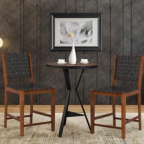 Miniatura 6 de Juego de sillas de altura de barra de 2,24 pulgadas de altura de asiento con asiento y respaldo tejidos, correas de piel sintética sintética para