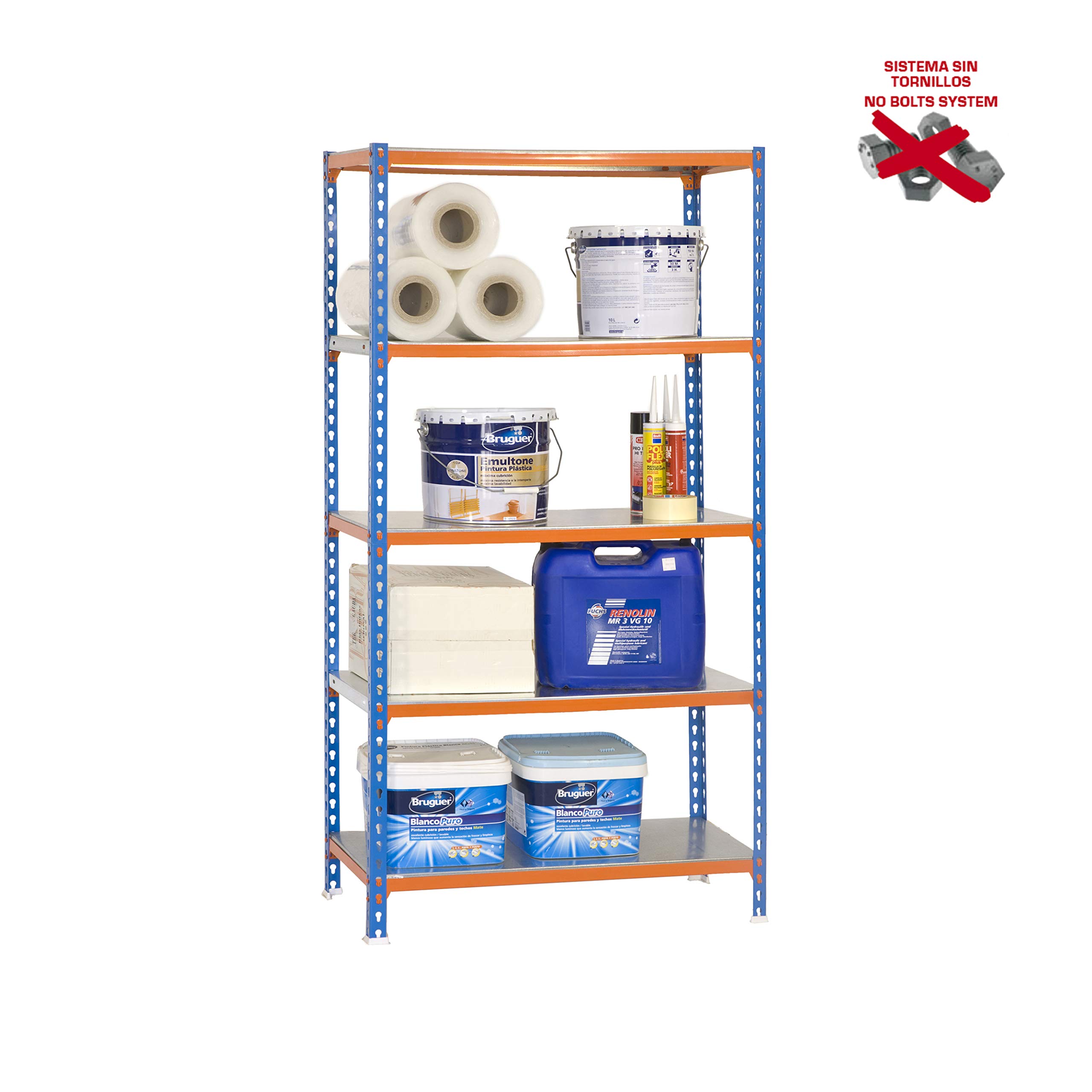 SimonRack Estantería Metálica Almacenaje, Sin tornillos, 5 Baldas, Alta Capacidad Carga 180 kg, 1800x800x300 mm, Estantería Garaje Trastero, Azul/Naranja/Galva