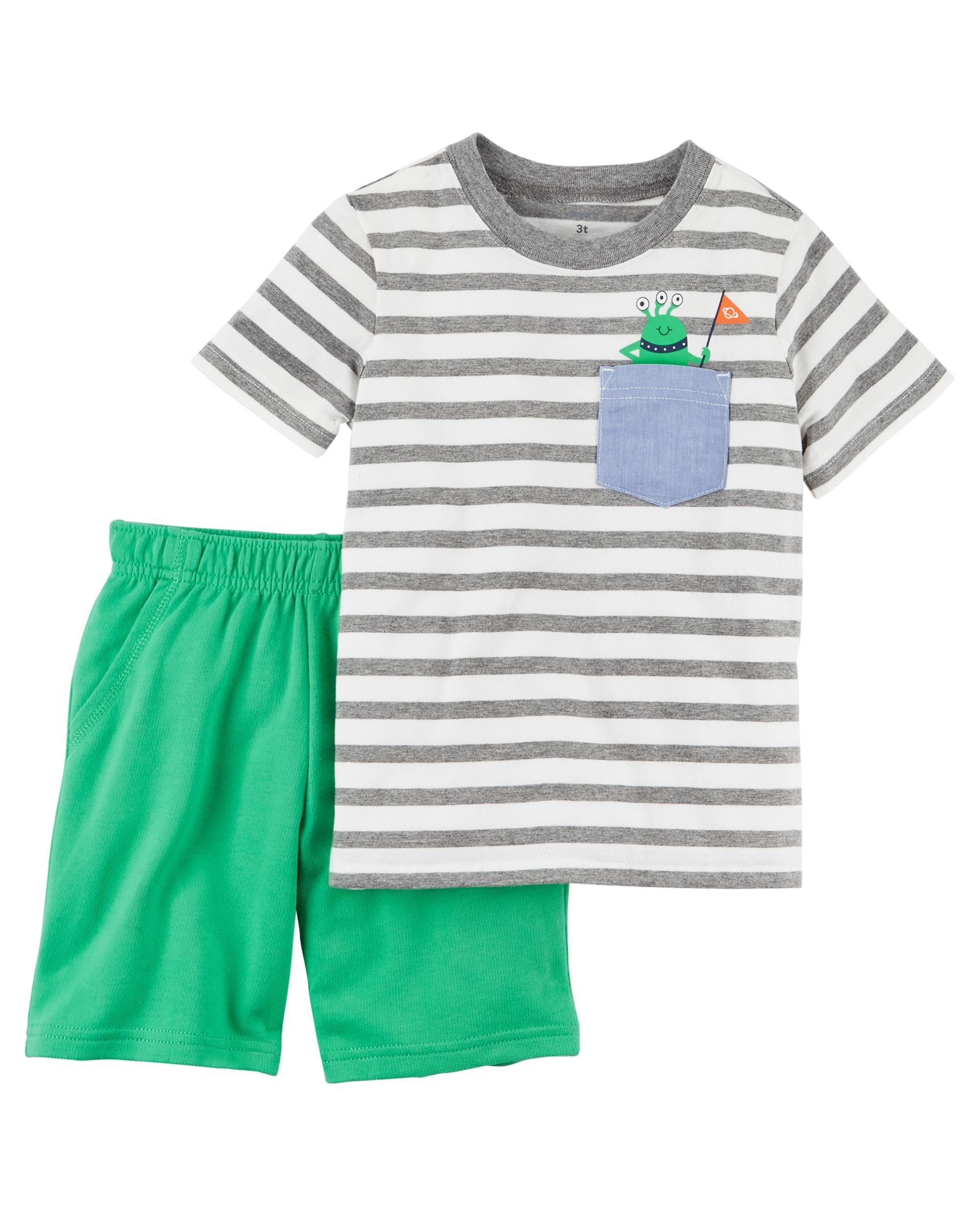 Carter's Boys' Newborn-5T 2 Piece Short Sleeve Sunglass Pocket Polo and French Terry Shorts Set (3 Months, Green/Monster)