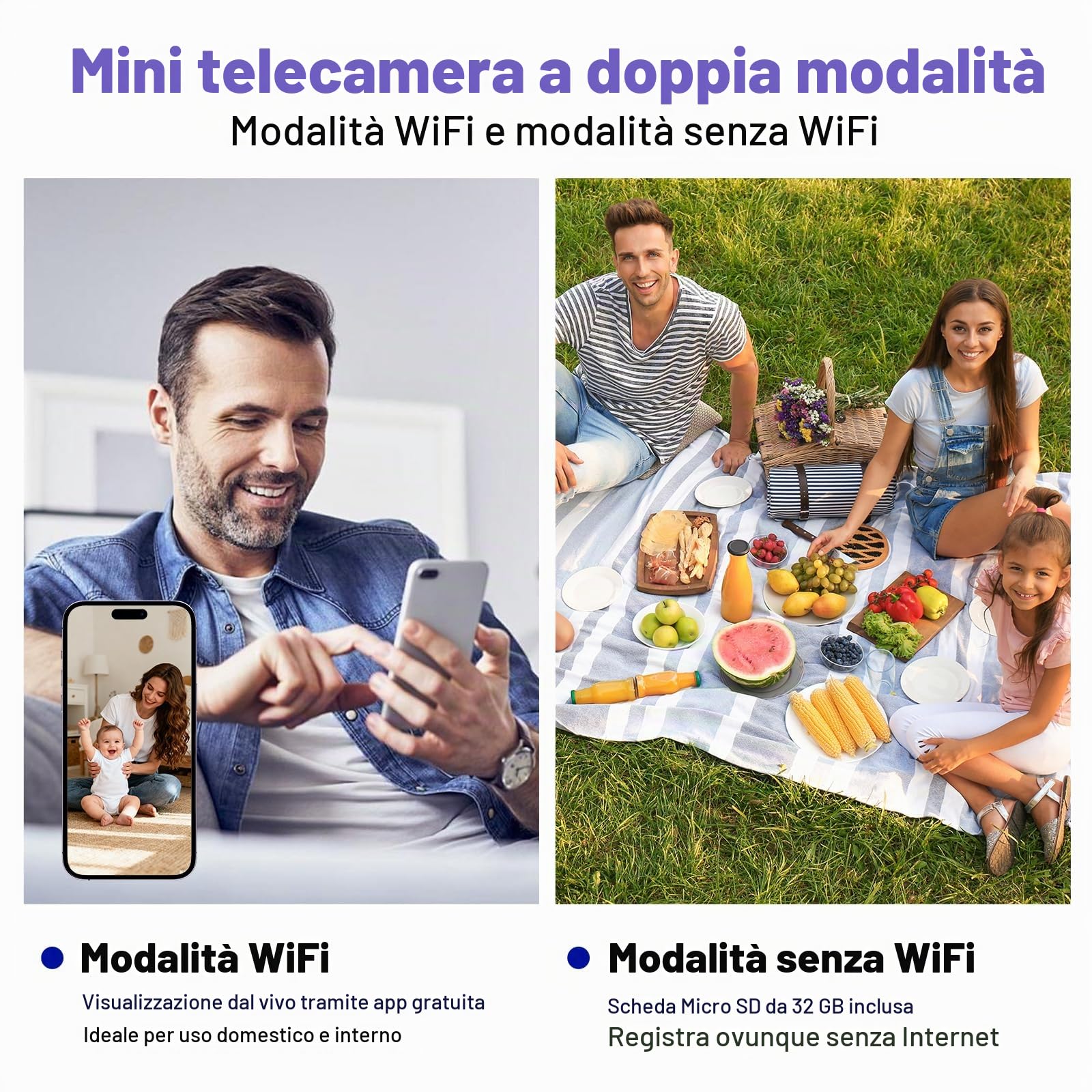 Telecamera di Sorveglianza Interna Wifi, Mini Telecamera Spia Trasmissione | Live su Smartphone, Telecamera Interna con Scheda SD 32GB, Visione Notturna, Angolo Ampio 150°, Montaggio Magnetico, Nero
