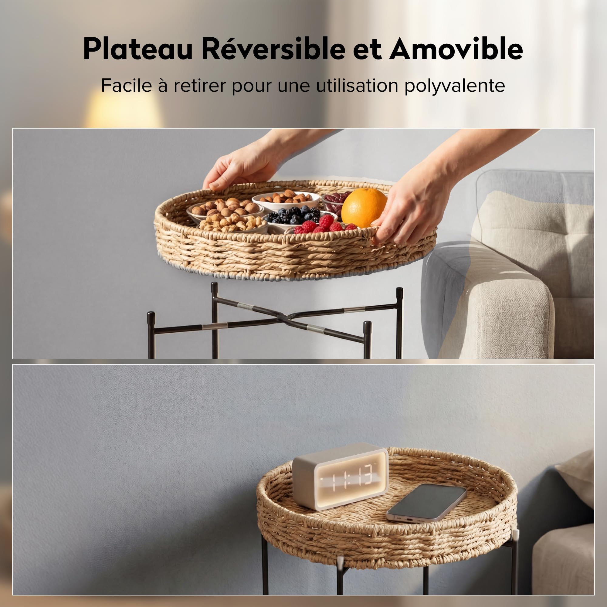 doporro Table d'Appoint Ronde Bout de Canapé à 2 Étagères Amovibles