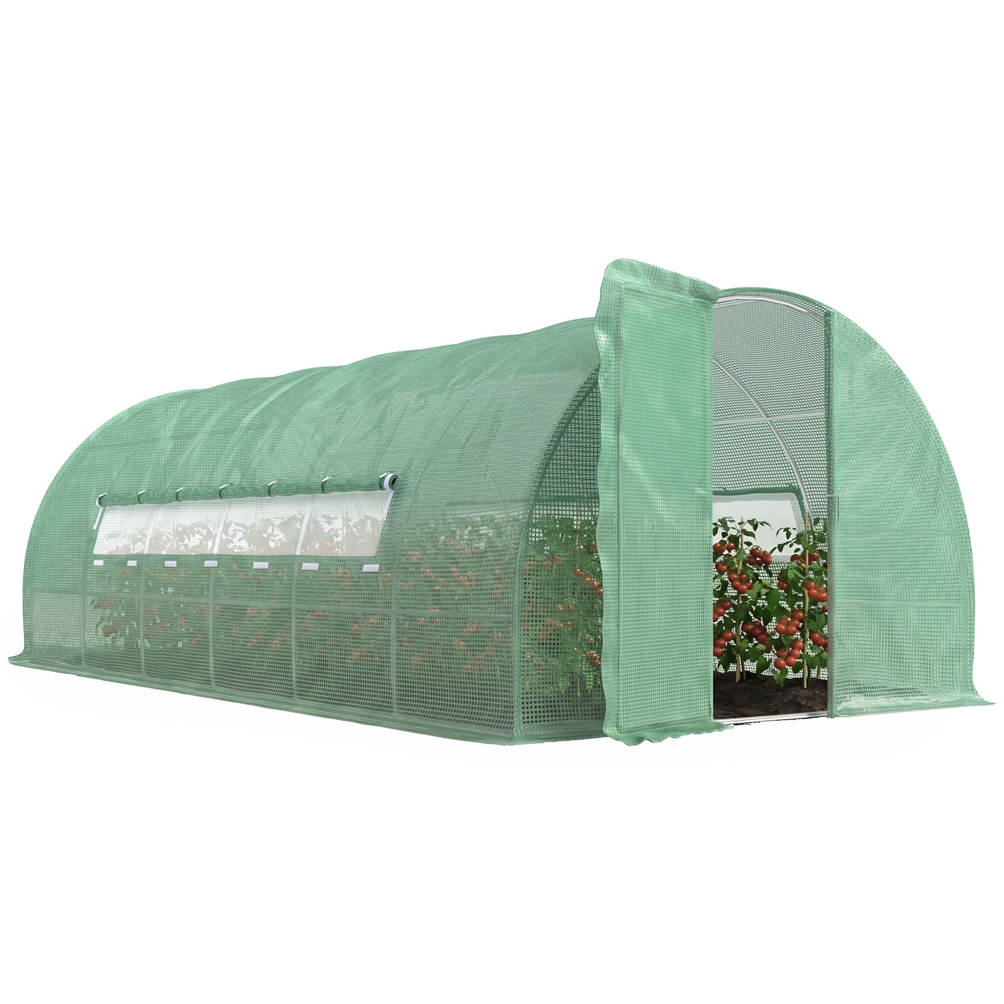 Outsunny Large Polytunnel Walk In Greenhouse, Plant Gardening Tunnel Green House with Metal Hinged Door, Galvanised Steel Frame & Mesh Windows, Green (3 x 6 m)