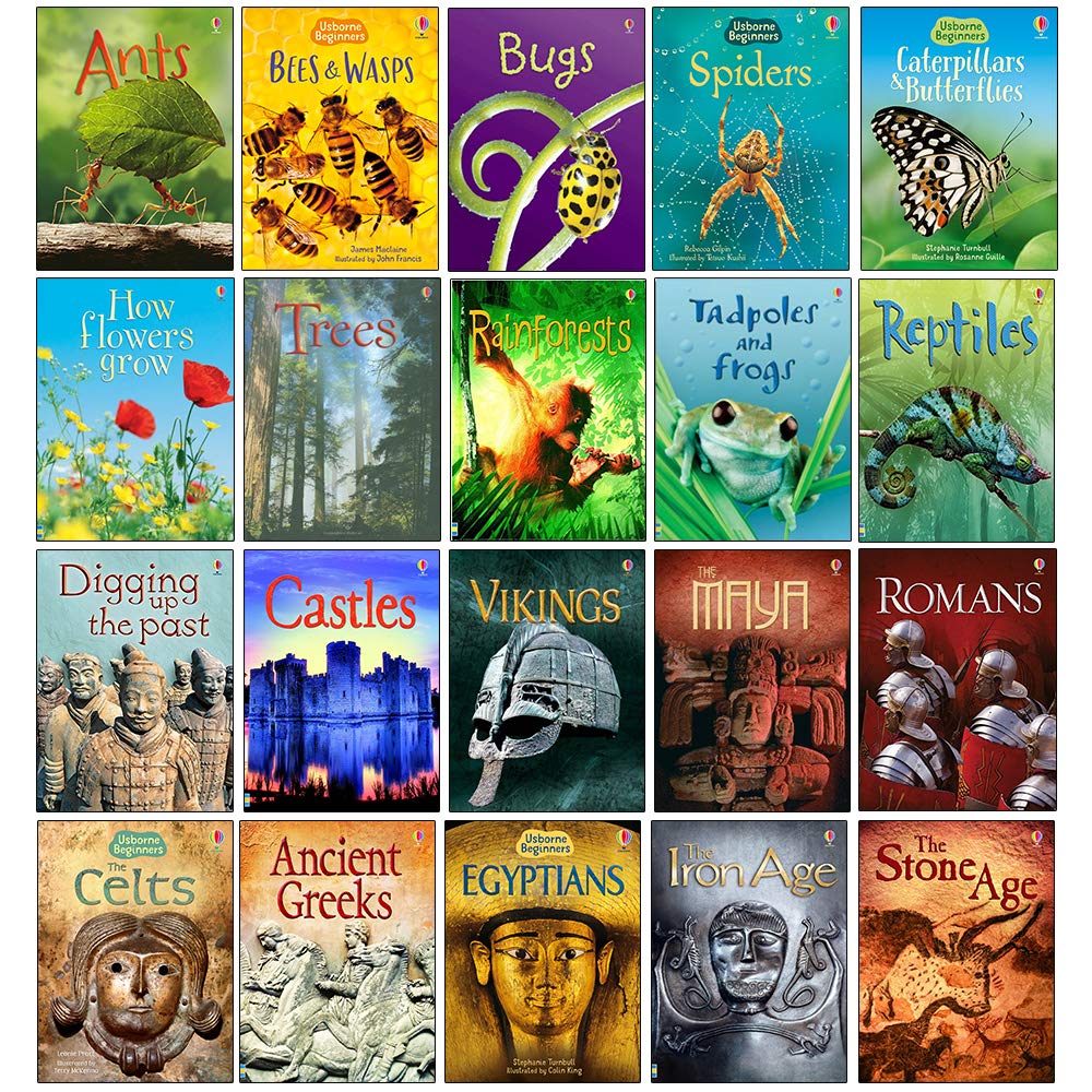 Usborne Beginners History & Nature 20 Books Collection Set (Castles, Vikings, Romans, The Celts, Anicent Greeks, Egyptians, Stone Age, Ants, Bugs, Spiders, Trees, Reptiles, Rainforests and More)