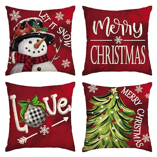 AVOIN colorlife Merry Christmas Let It Snow Love Snowman Red Throw Pillow Covers, 18 x 18 Inch Xmas Tree Holiday Cushion Case Decoration for Sofa Couch Set of 4
