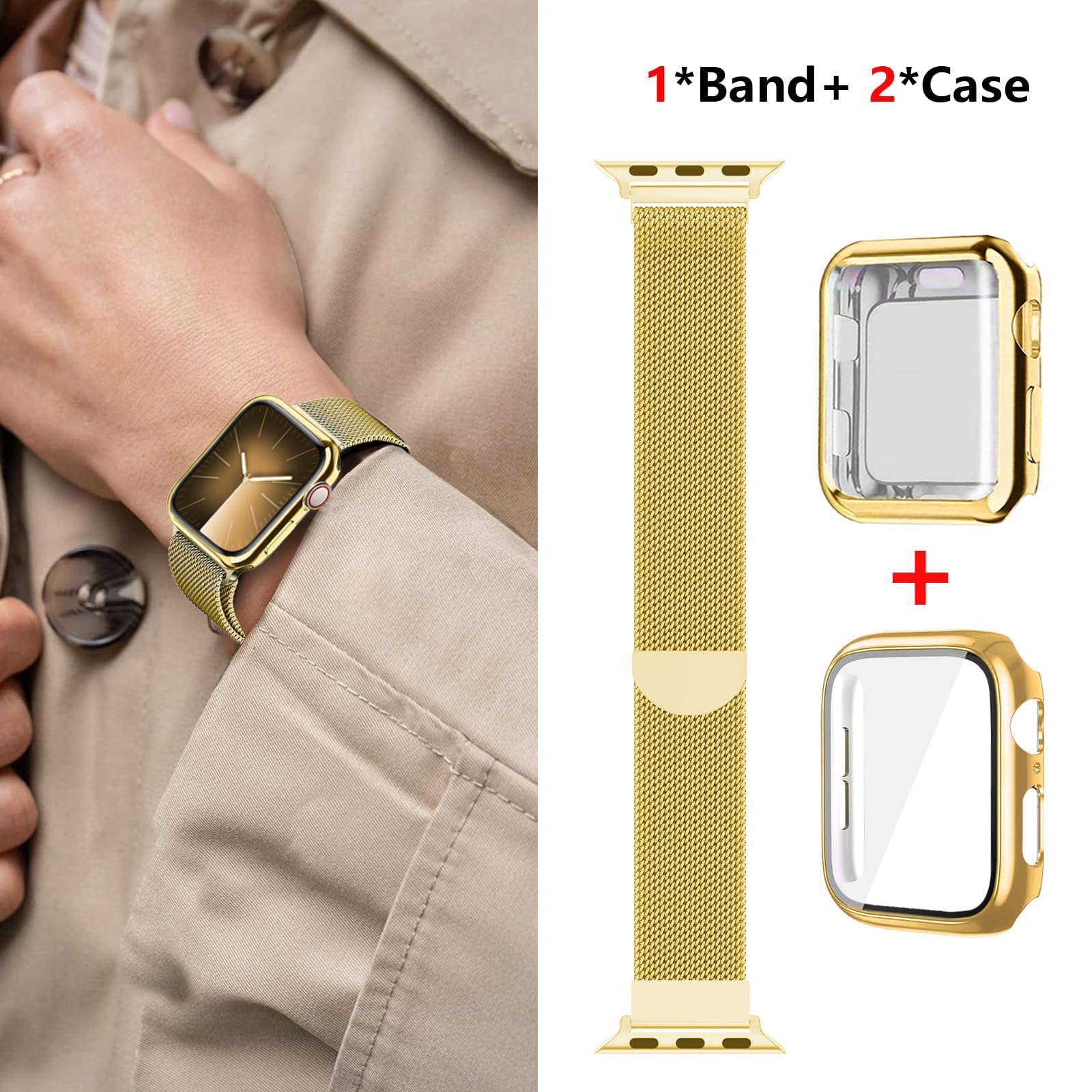 Condition photo showing New/Like New for magnetic band and case for apple watch band 40mm 41mm 38mm 44mm 45mm 46mm 42mm women/men,stainless steel milanese loop bracelet strap with cover combo iwatch series 11 10 9 8 7 6 5 4 se ultra/2 3 49mm
