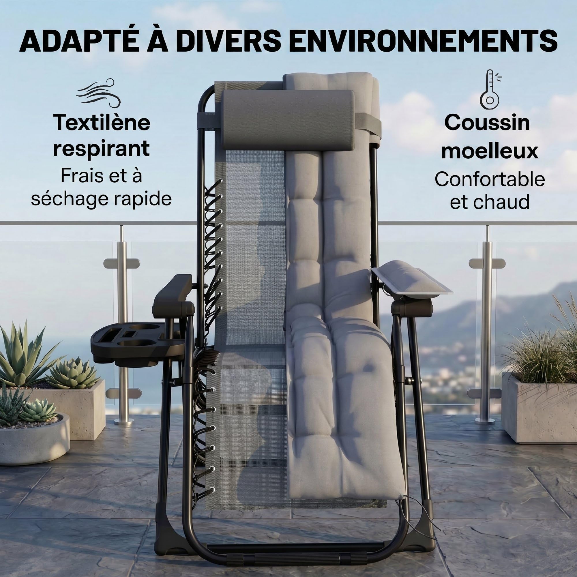 Outsunny Chaise de Gravité Zéro avec Accoudoirs, Coussin, Porte-Gobelet, Appuie-Tête, Dossier Réglable, Bain de Soleil Pliable en Textilène pour Jardin Plage Terrasse Camping, Gris Clair