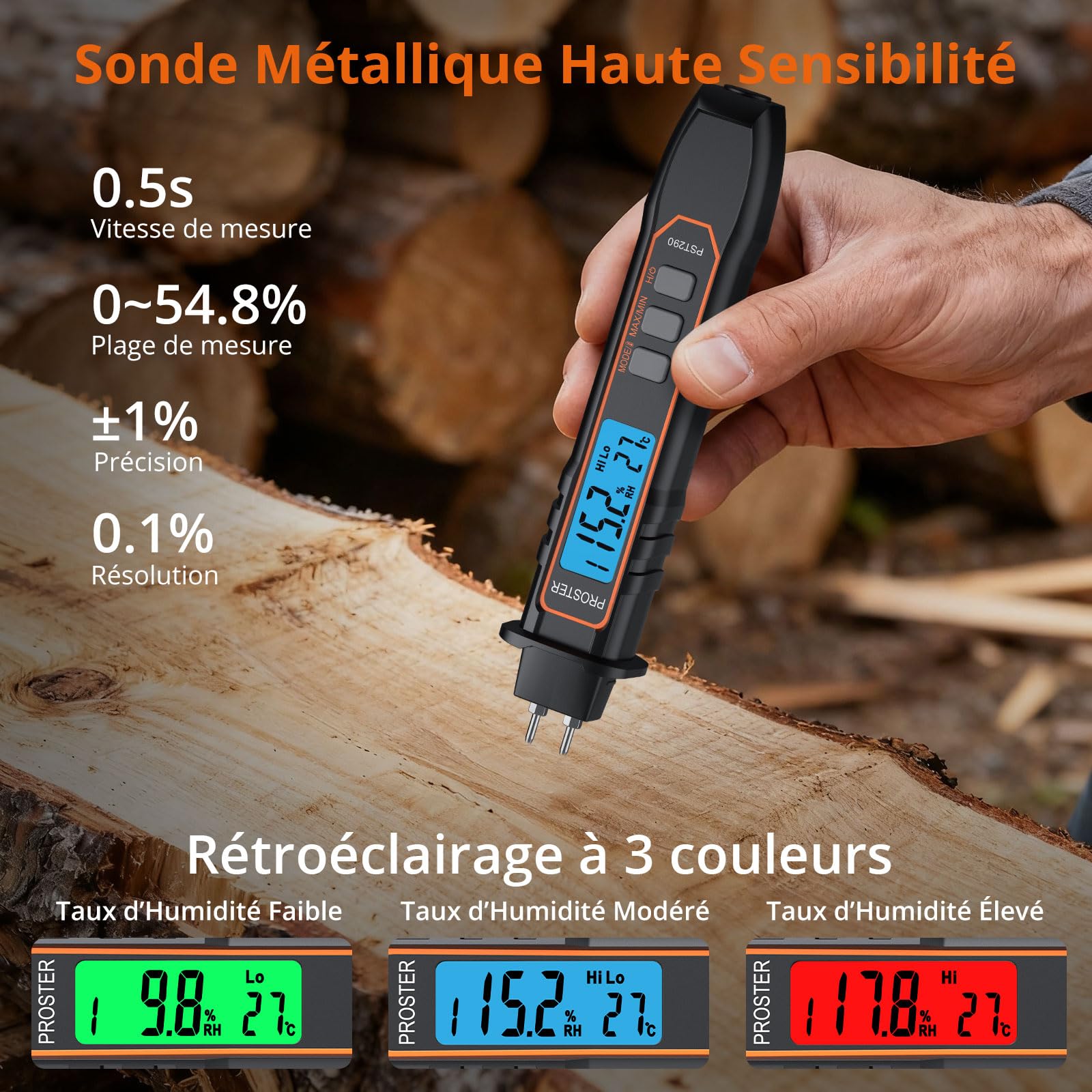 Proster Testeur Humidité Portable - Stylo Humidimètre Haute Précision 2 Modes 7 Échelles Calibration Température Bois Béton Mur