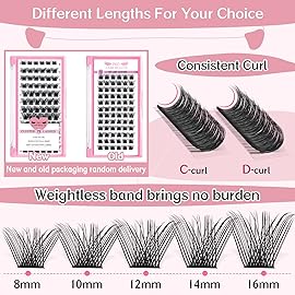 Lash Clusters, 72 Pcs Individual Cluster Lashes DIY Lash Extension 8-16mm Eyelash Clusters Volume Wispy Lashes Super Thin Band Reusable Soft & Comfortable (Volume, D-8-16mix)