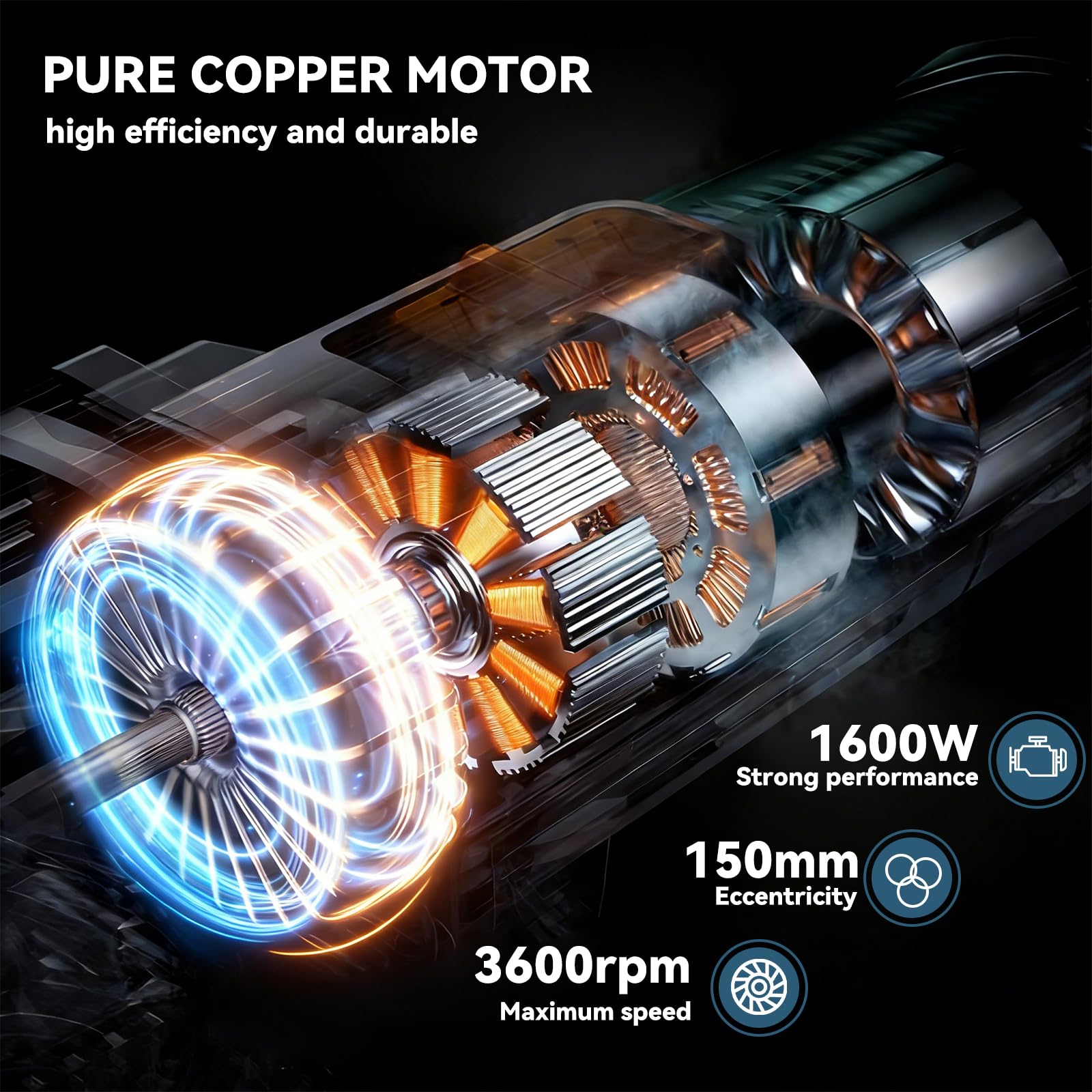 Pulidora con motor de cepillo de 1500 W, seis velocidades precisas y cinco discos de pulido, apto para pulir, reparar y sellar. Manejo estable gracias a sus dos asas.