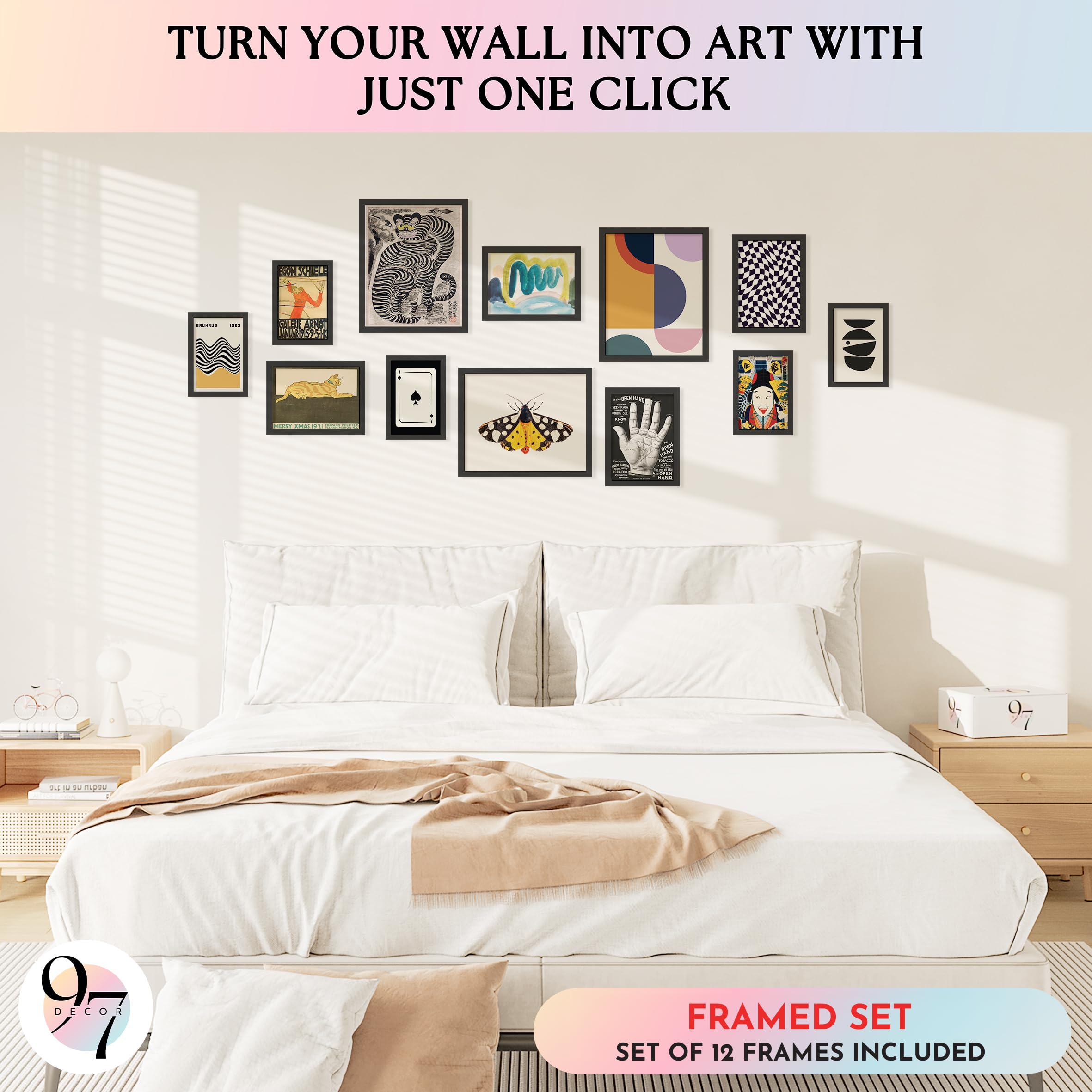 97 Decor Vintage Eclectic Wall Art Collage - Abstract Modern Art Prints For Wall Decor, Cool Funky Pictures Maximalist Paintings Retro Bauhaus Posters Set For Dorm Bedroom Home Decorations (Unframed): FRAMED Eclectic Folk Art