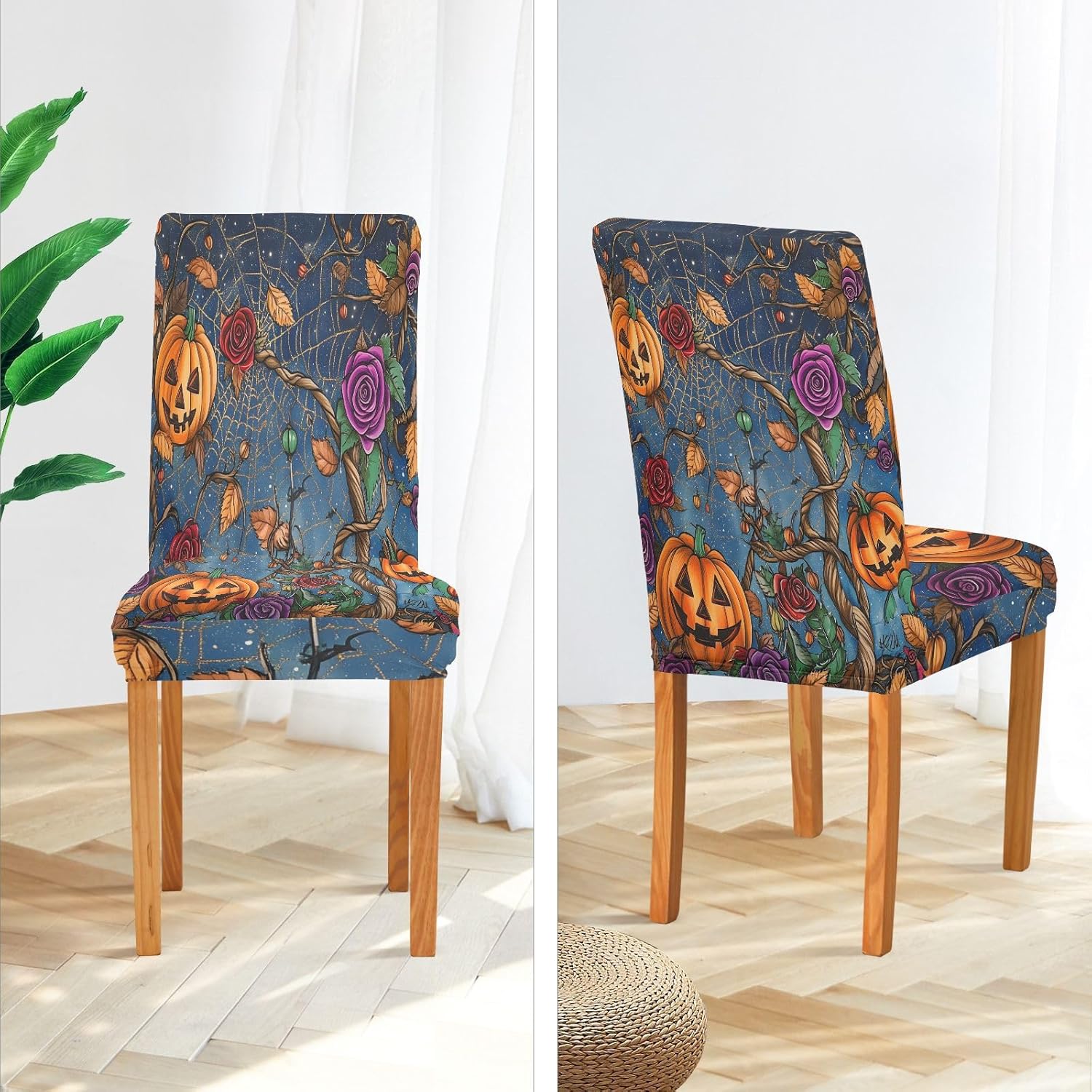 ALAZA Chair Covers for Dining Room, Pumpkin Spider Web Stretch Chair Cover Sets Chair Protector Removable Washable for Ktichen Restaurant Hotel