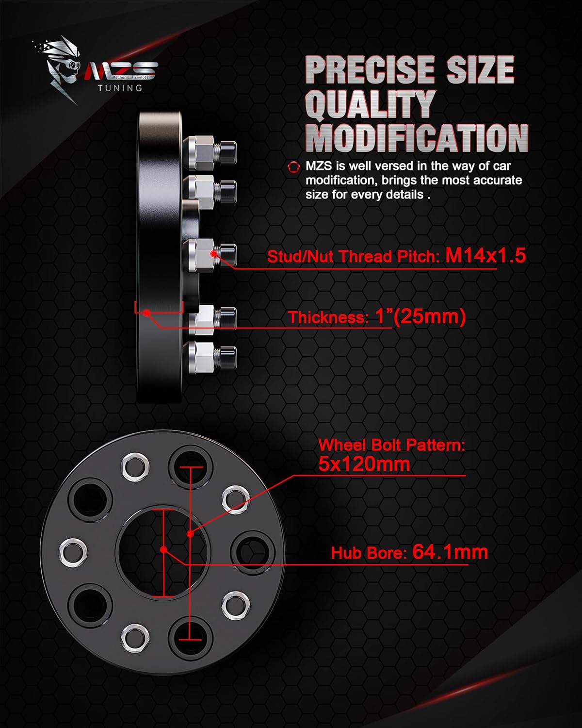 MZS 5x120 Wheel Spacers, 1" Thick Hub Bore 64.1mm with M14×1.5 Studs Compatible with 2012+ Model S/X / 2009+ Pilot Passport Odyssey Ridgeline / 2009+ MDX TL RLX TLX - 5 Lug Tire Spacers 2 Pack