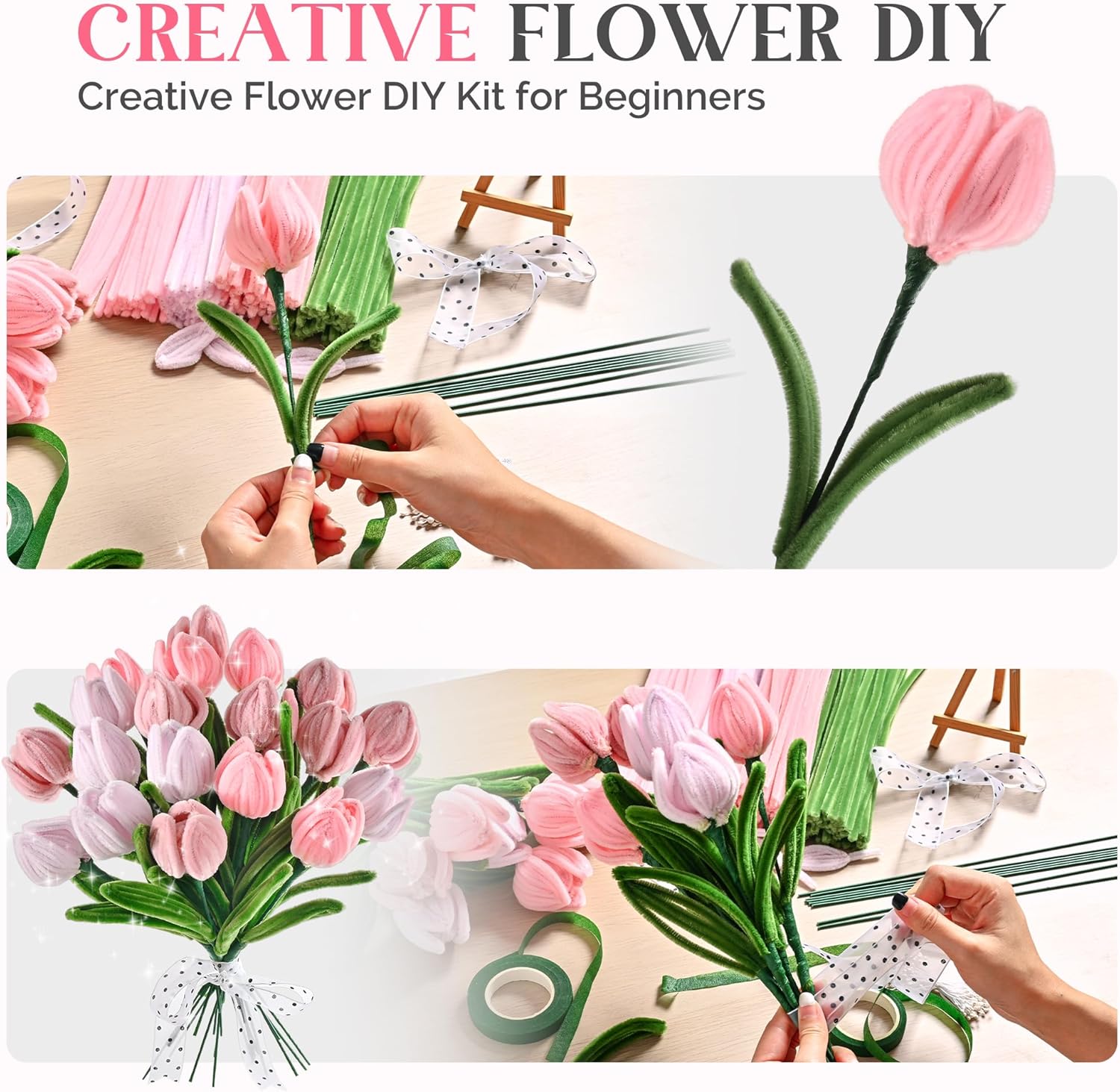 400 Pieces Chenille Stems Pipe Cleaners Craft Kit - Durable Pink Pipe Cleaners for Crafts & Flowers, Complete DIY Pipe Cleaner Flower Kit for Kids, Ideal for School Projects & Gifts