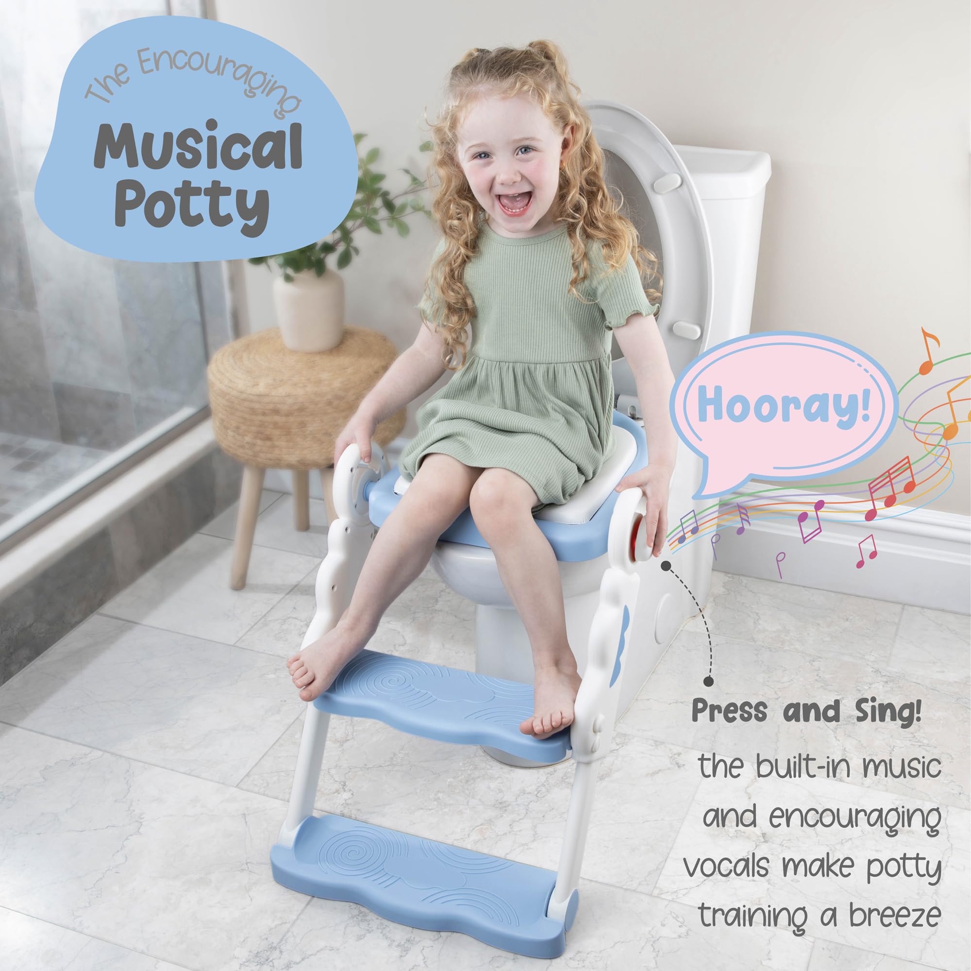 bebeleh Musical & Sound - Vasino per bambini con scaletta, pieghevole e regolabile, sedile WC pre-assemblato con musica e suoni, paraspruzzi e gradini antiscivolo, colore: blu