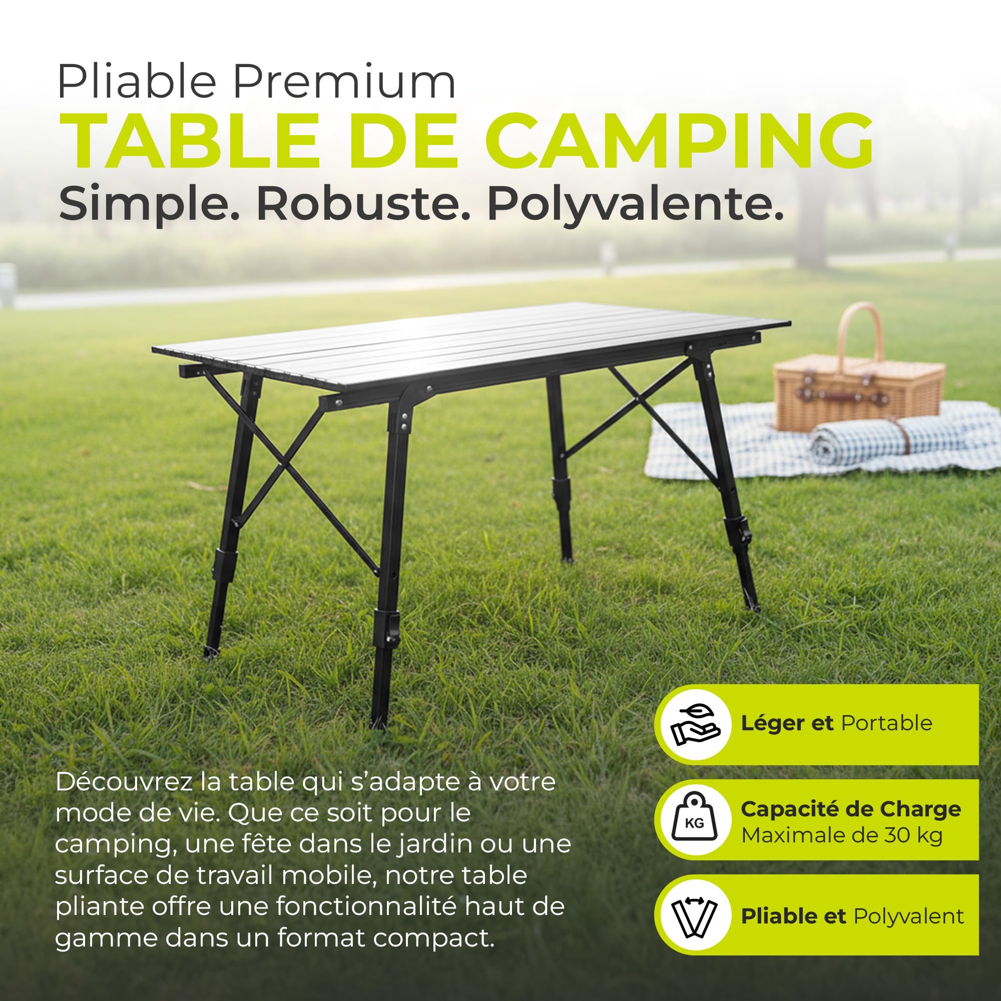 Table de Camping Table Multifonctions Pliante Table Polyvalente ; Table Pliante réglable en Hauteur avec Plateau de Table Enroulable (90x51cm) & Sac de Transport ; supporte jusqu'à 30kg