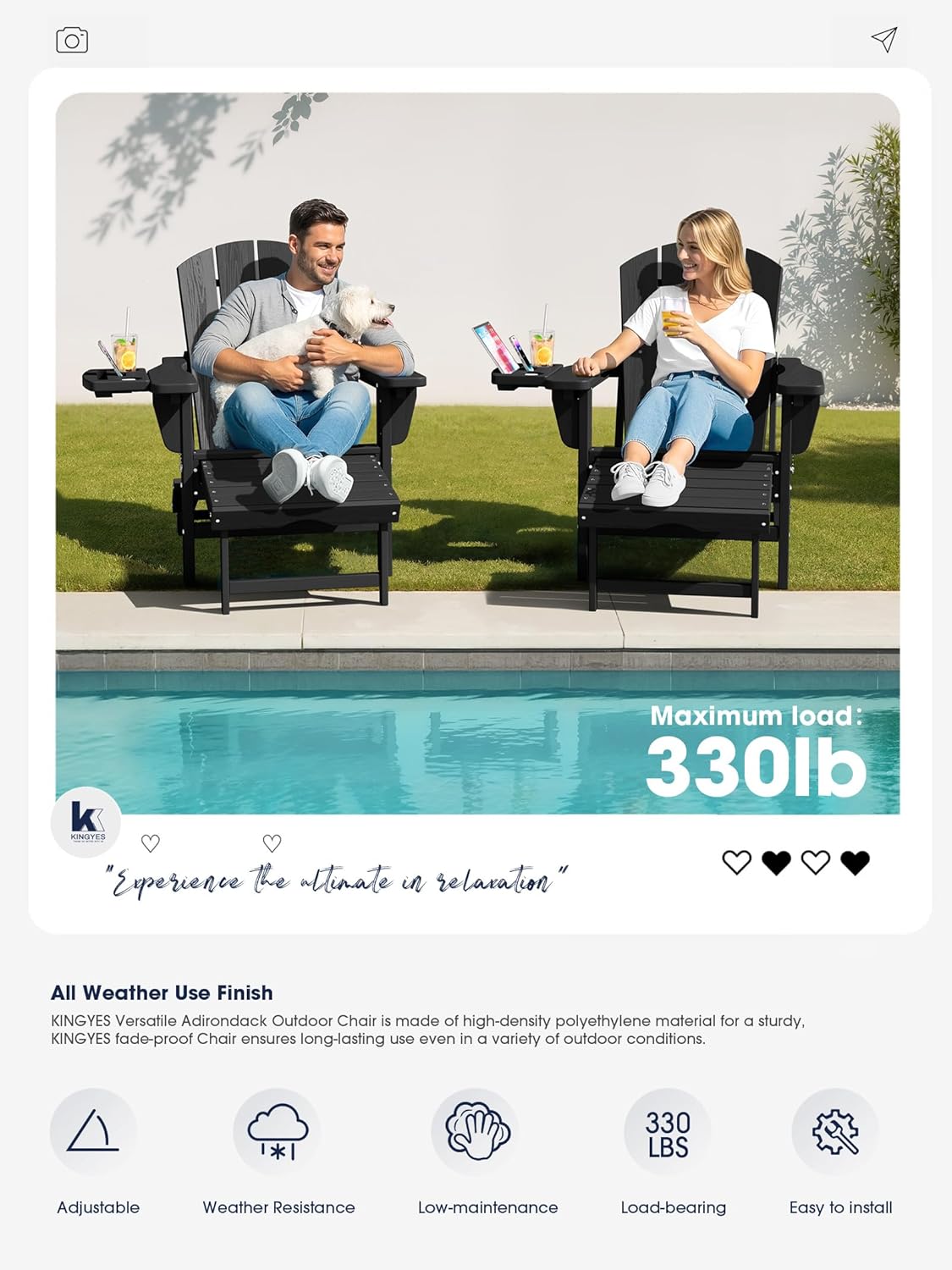 KINGYES Adjustable Folding Adirondack Chair with Footrest & 4-in-1 Multi-Functional Armrest Organizer Set of 2, HDPE Foldable Recliner Adirondack Chair with Pull-Out Ottoman, Black