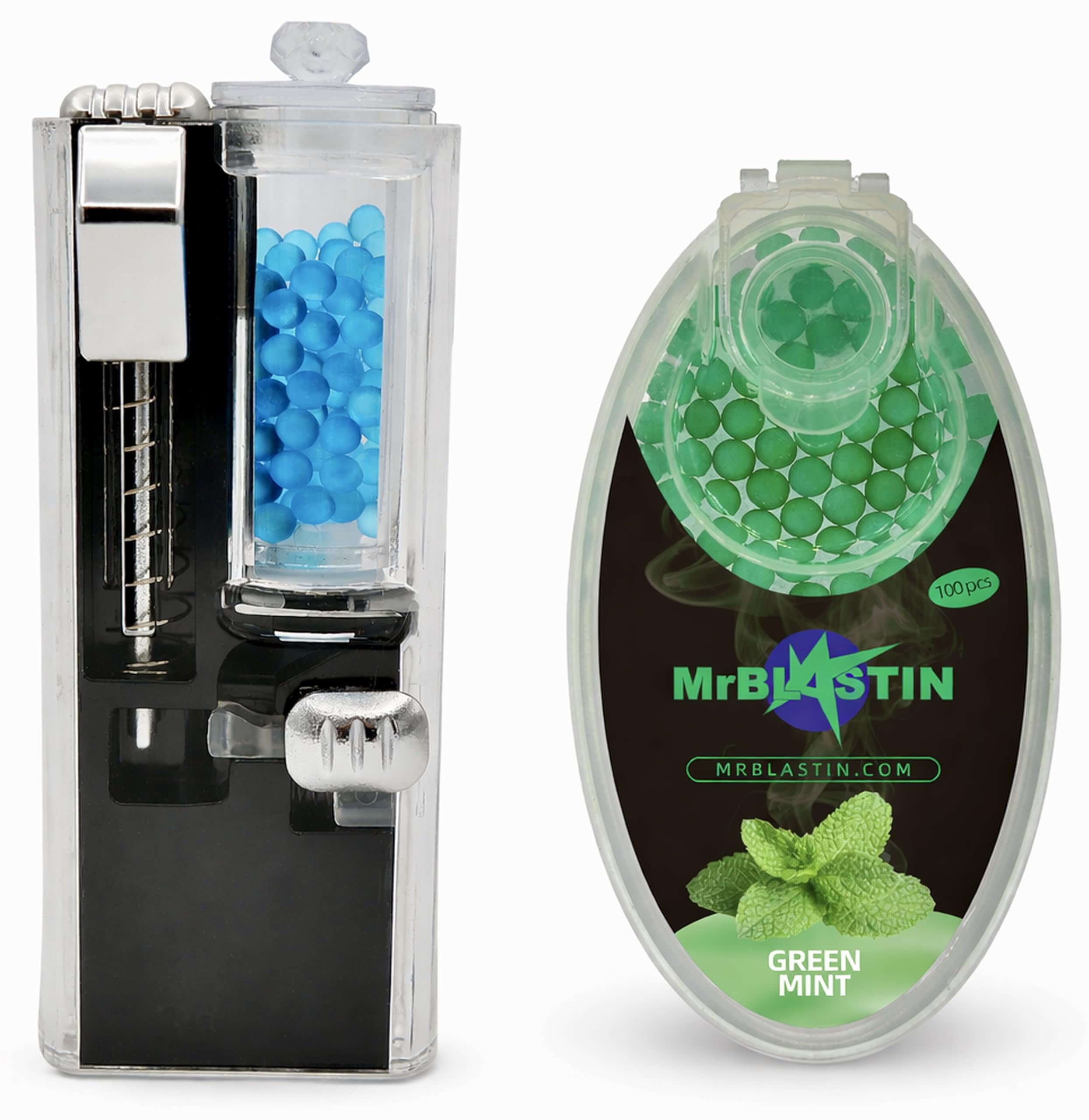 MrBlastin Crushballs Dispenser with 100 Blue Ice Menthol Capsules + Extra 100 Spearmint Menthol Capsules Box