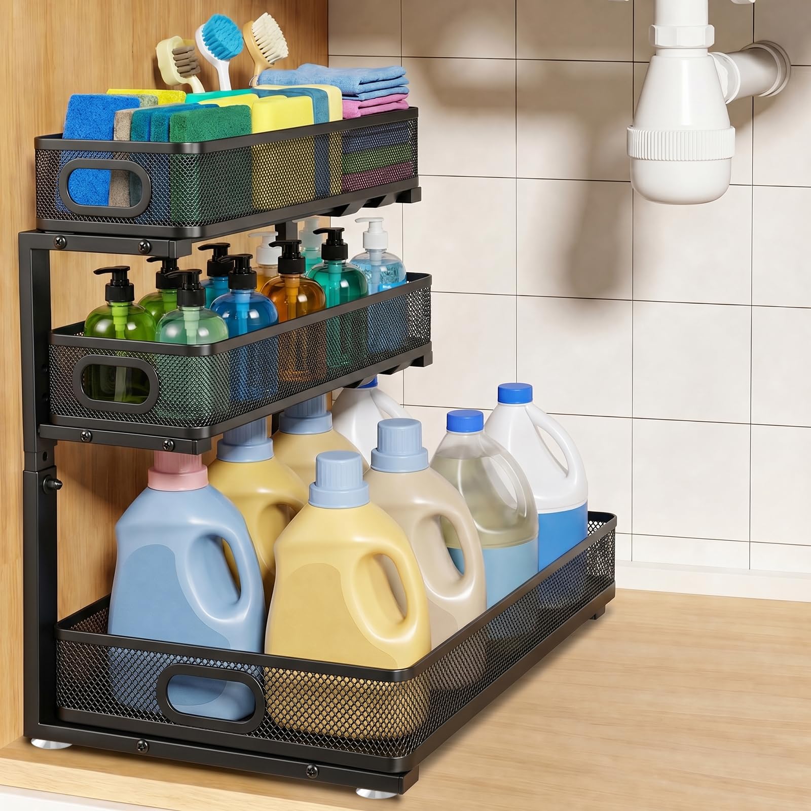 Organizador debajo del fregadero para baño, 3 niveles de altura ajustable debajo del fregadero, estante organizador de gabinete deslizante extraíble, organizador de gabinete multiusos de metal