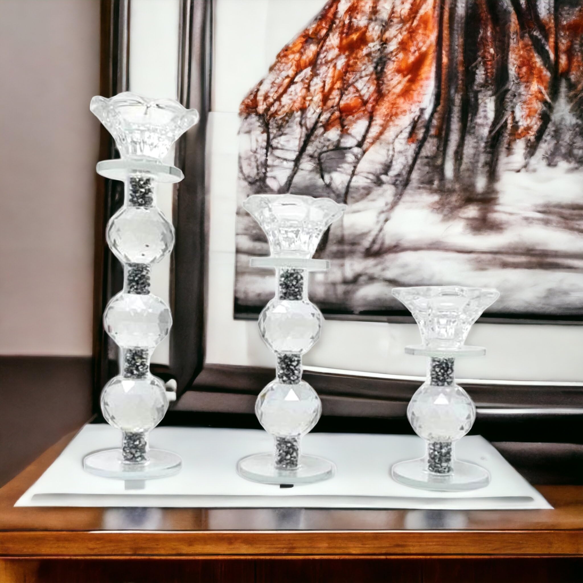 Lot 3 Bougeoirs Diamant écrasé - Bougeoirs 3 étages Verre Strass Cristal