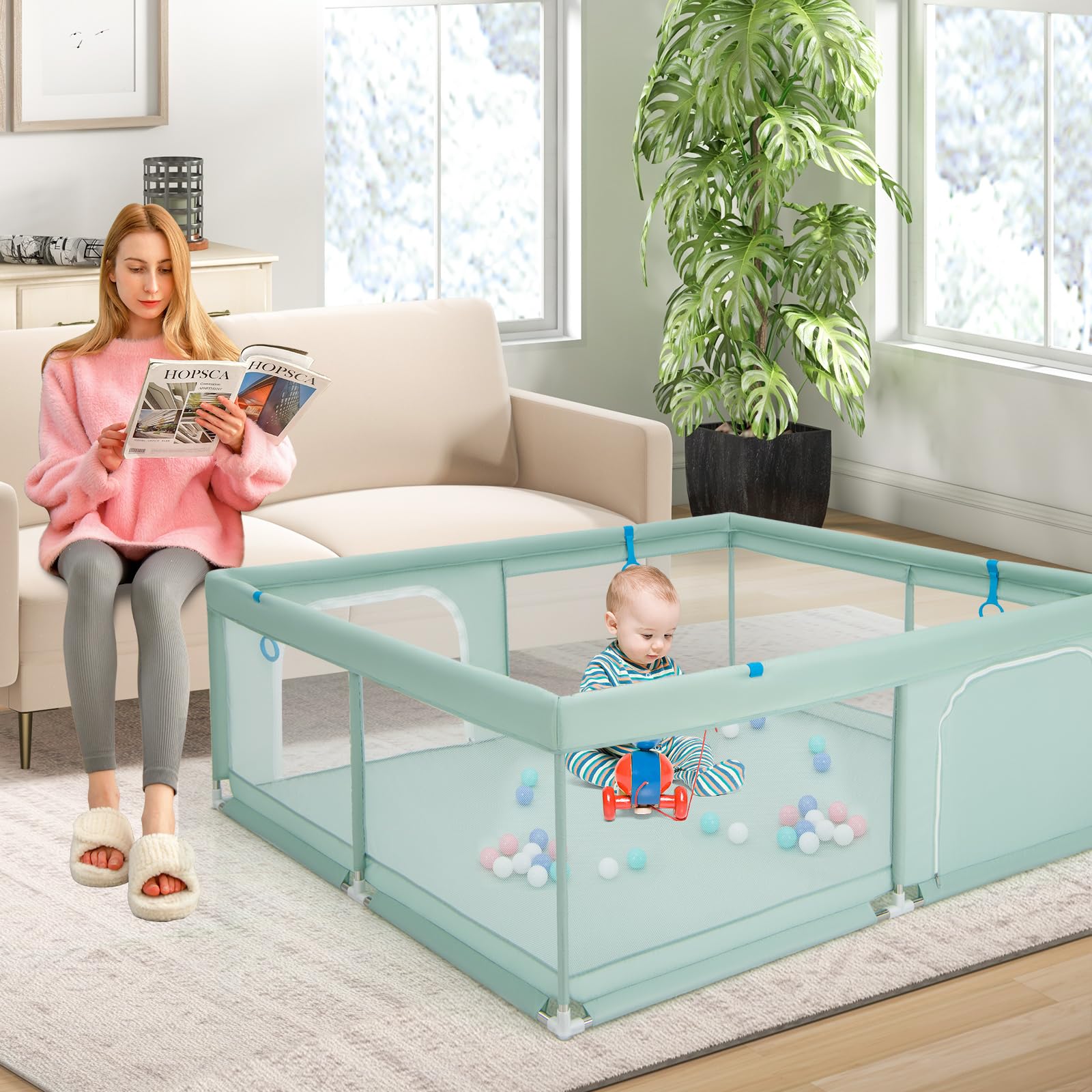 GOPLUS Kojec dla niemowląt 200 x 180 cm, kojec z materacem, 4 pierścienie pod ręce i 50 piłek do zabawy, kratka do raczkowania z oddychającą siatką, drzwi i zamek błyskawiczny dla niemowląt i małych