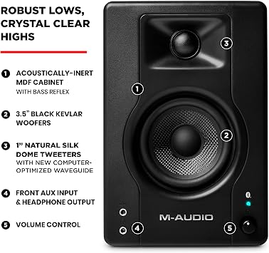 M-AUDIO BX3 Pair Bluetooth Studio Monitors Bundle with Headphones for Studio Recording, Music Production, Podcasting, Streaming