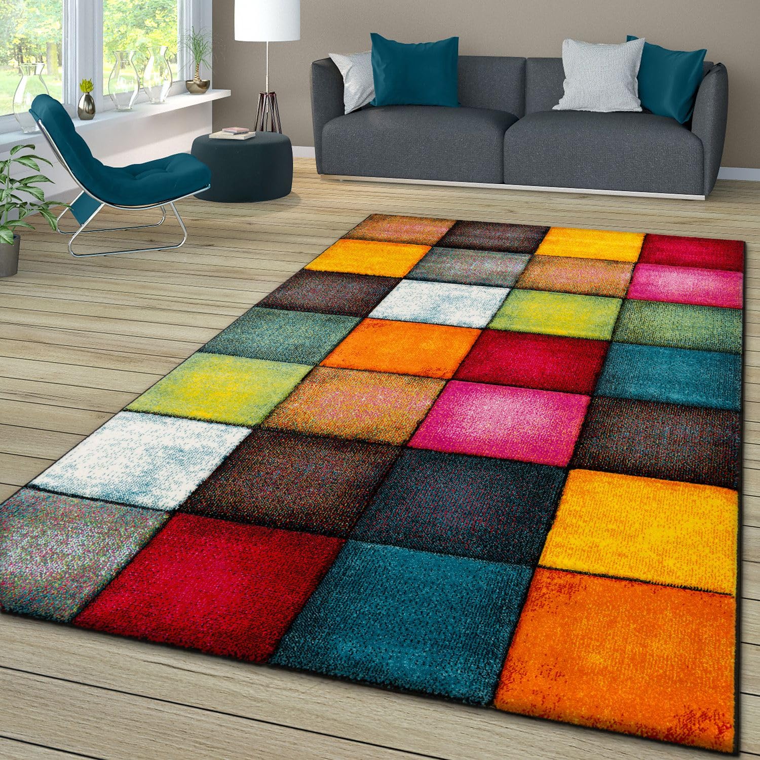 TT Home Wohnzimmer Teppich Bunt Kurzflor Wohnzimmerteppich Meliert 3D Optik Geometrisch