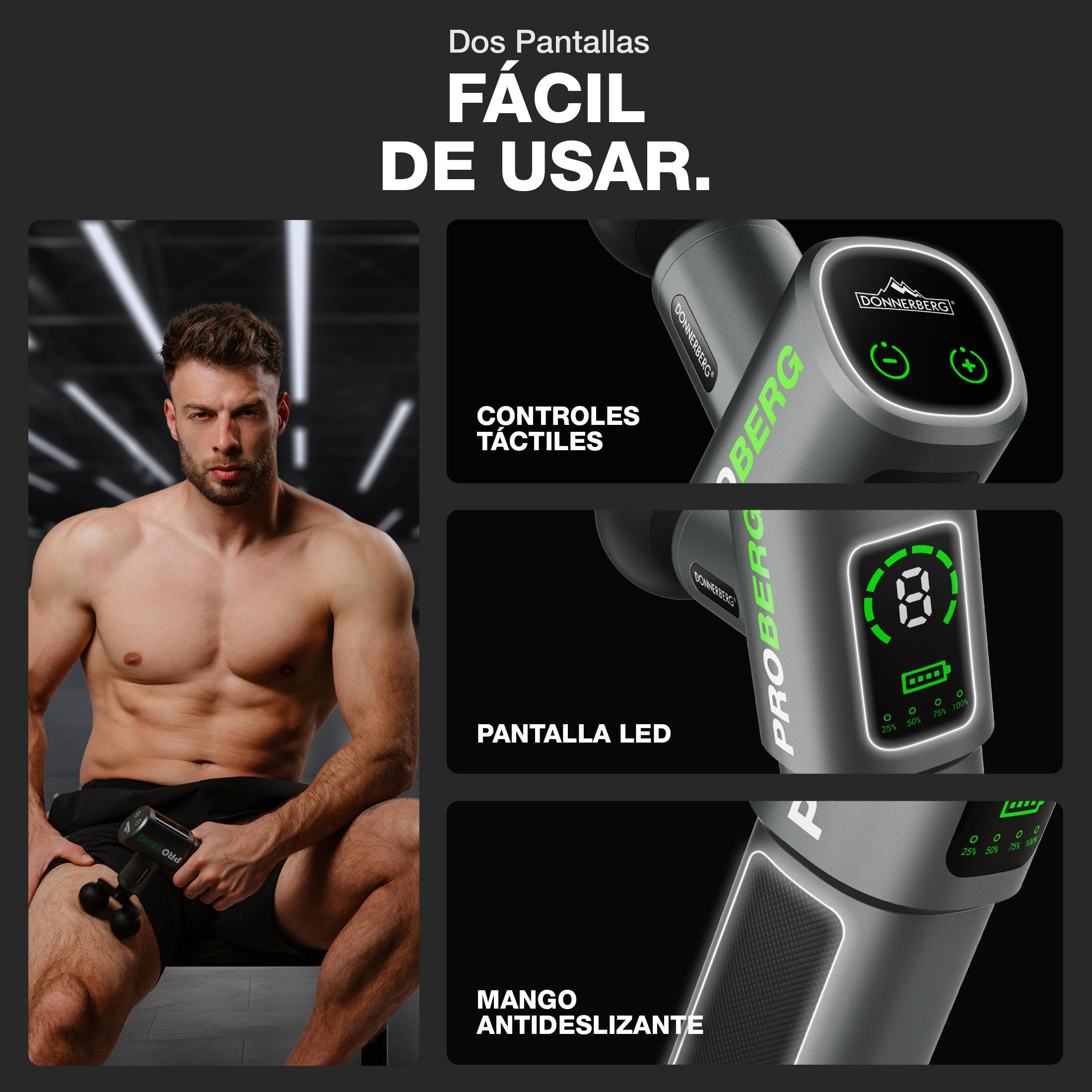 DONNERBERG® Proberg Pistola De Masaje De Percusión Para Tejidos Profundos | Masaje Muscular Intenso Con 24 kg De Fuerza Y 12 mm De Amplitud, Batería Samsung 3500 mAh, 7 Cabezales, 7 Años De Garantía