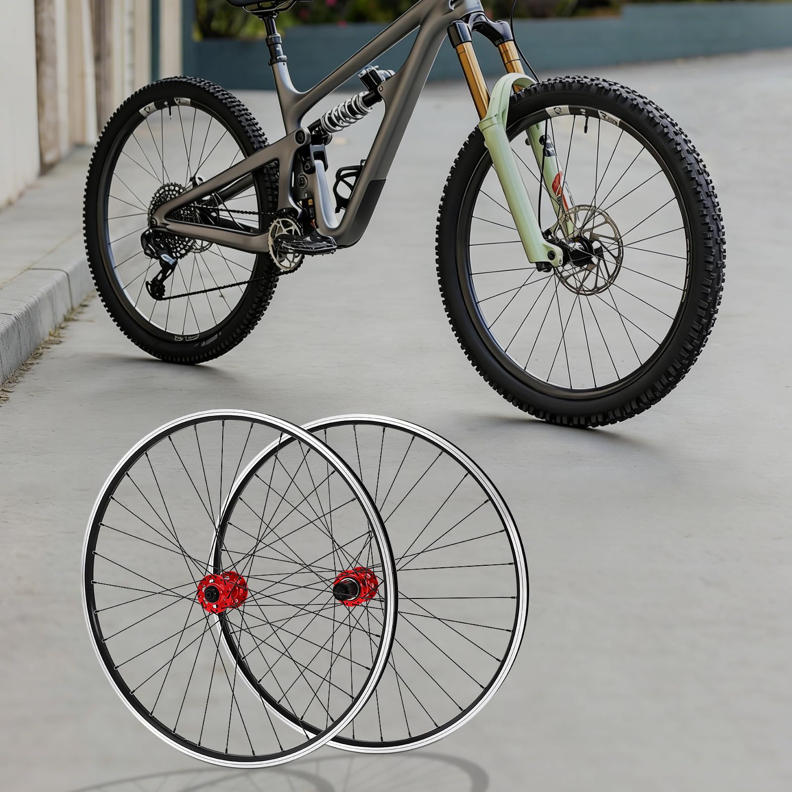 Czerwona aluminiowa felga rowerowa 29 cali z szybkozłączką, podwójny hamulec tarczowy z sześcioma otworami, obciążenie do 200 kg, kompatybilna z 7-12 sek., uniwersalnie pasuje do rowerów górskich
