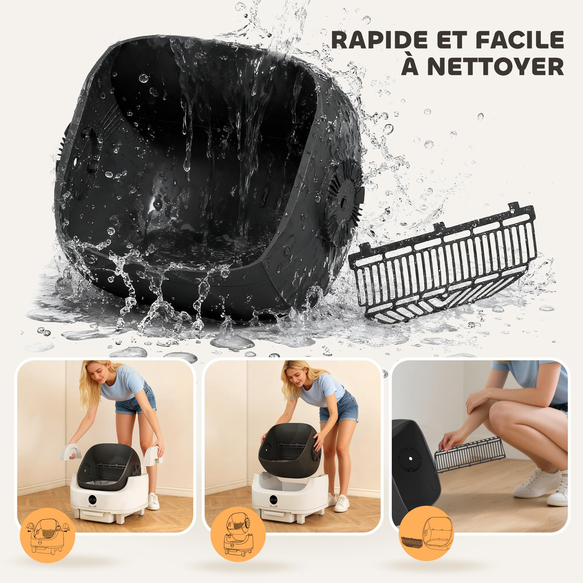 PawHut Litière Chat Autonettoyante Ouvert, pour Plusieurs Chats Blanc | Bac à Litière pour Chat Automatique, Isolation Odeurs/Protection Sécurité, Sac Poubelle, Grande Poubelle