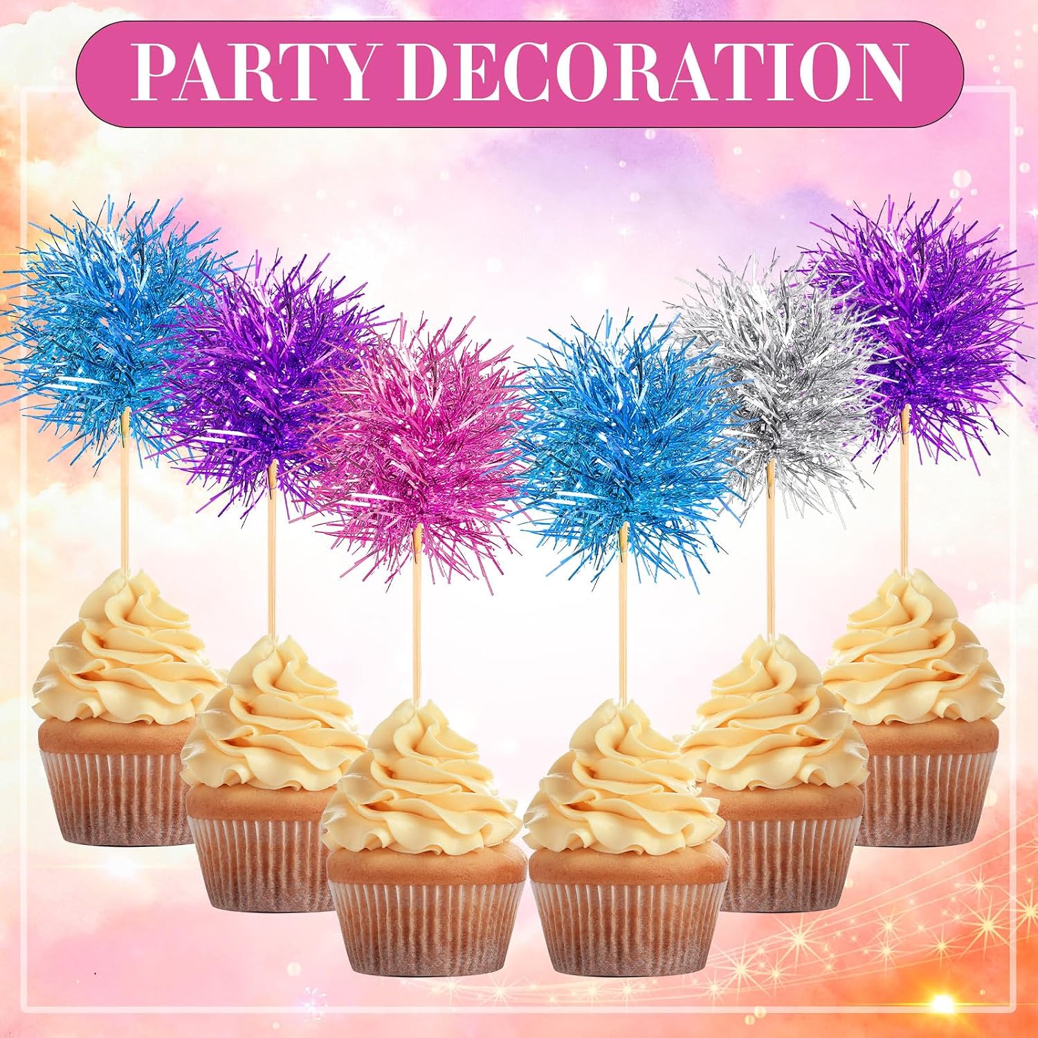 Chinco 100 Pcs Foil Firework Cupcake Toppers Sparkle Tinsel Cake Toppers Cake Decoration Cocktail Fruit Toothpick for Birthday Wedding Graduation Party(Pink, Purple, Silver, Blue,Classic)