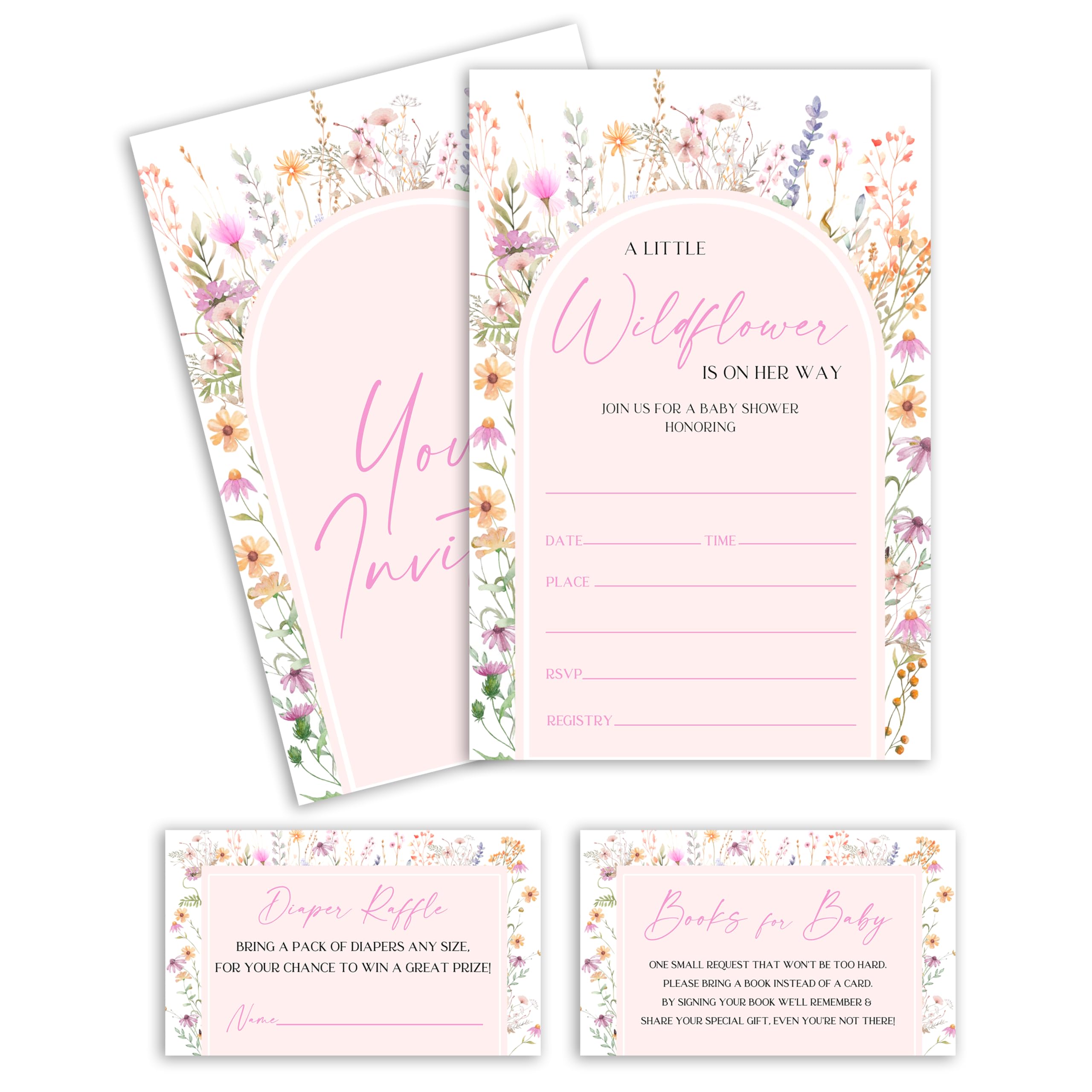 FTRZX Blush Pink Wildflowers Baby Shower Invitation Cards, Set Of 25 Diaper Raffle Card, Book Cards With Envelopes, Gender Reveal Party Invites, Gender Neutral Party Decorations, C03