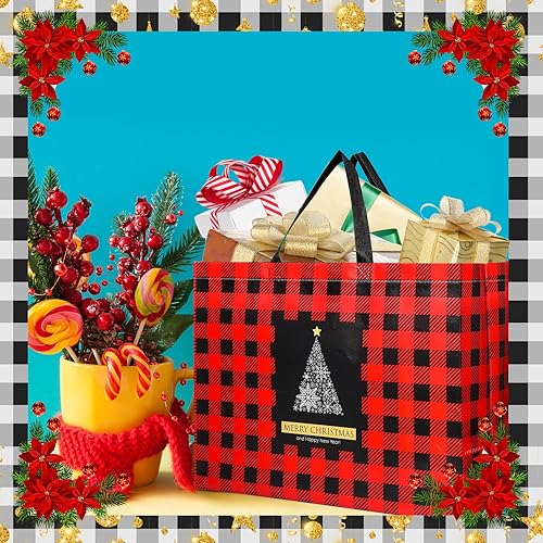Miniatura 4 de Colarr 36 bolsas grandes de Navidad con asa, bolsa de regalo de Navidad, no tejida, a cuadros, impermeable, reutilizable, para vacaciones (rojo,