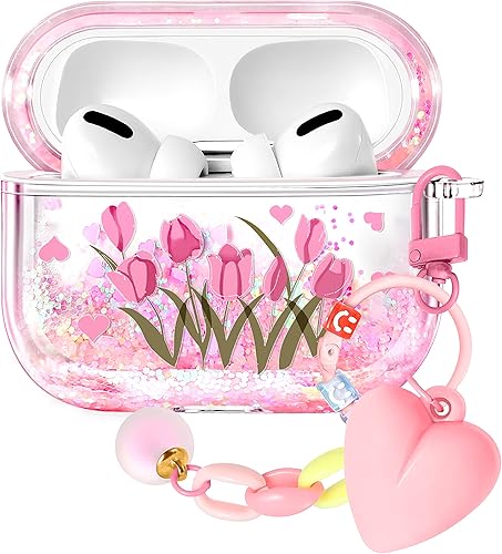 Funda para Airpod Pro & Pro 2, linda funda Kawaii para mujeres, protector estético para niñas, con purpurina líquida, flores brillantes, diseño