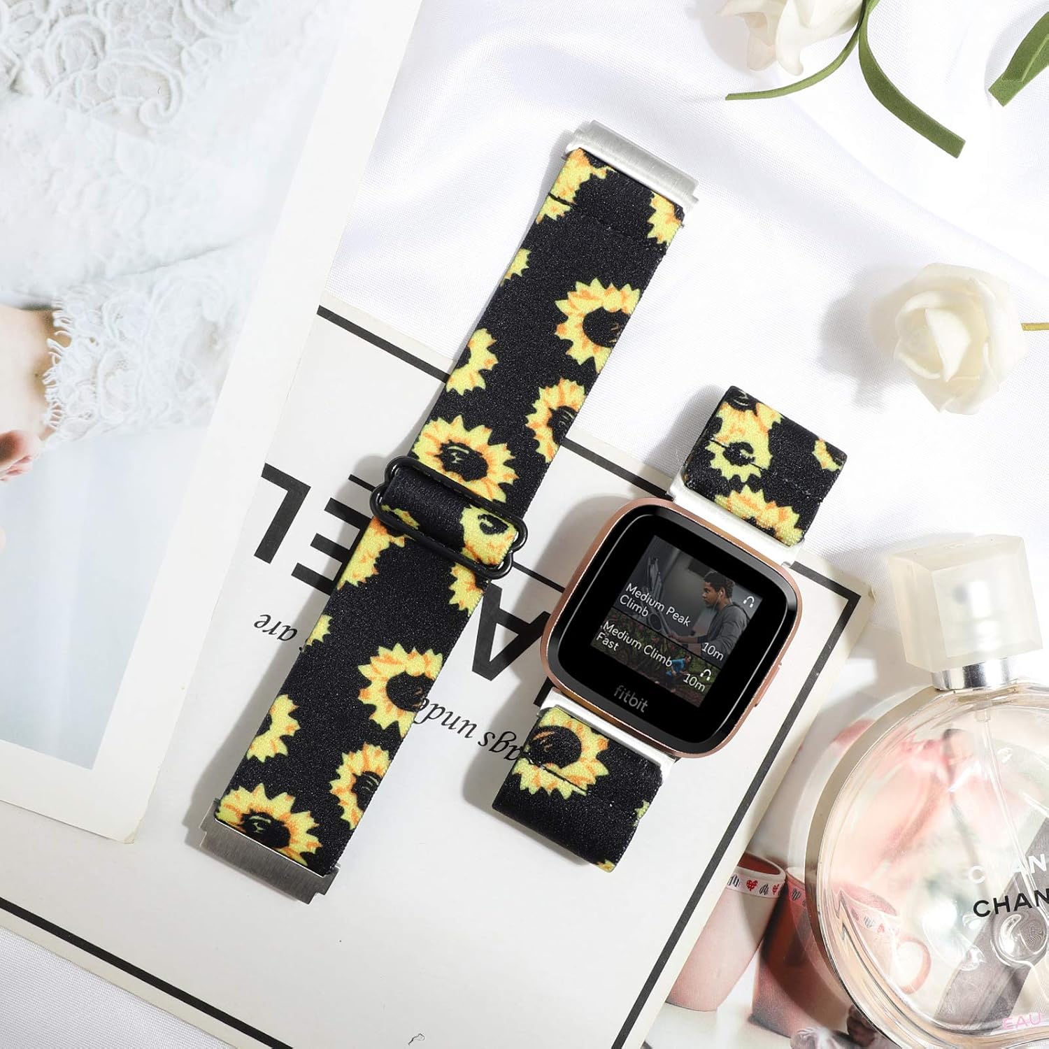 Adjustable Elastic Watch Band Compatible with Fitbit Versa/Versa 2/Versa Lite Special Edition for Women Men Nylon Stretchy Strap Wristband for Fitbit Versa Smart Watch (Black Sunflower)
