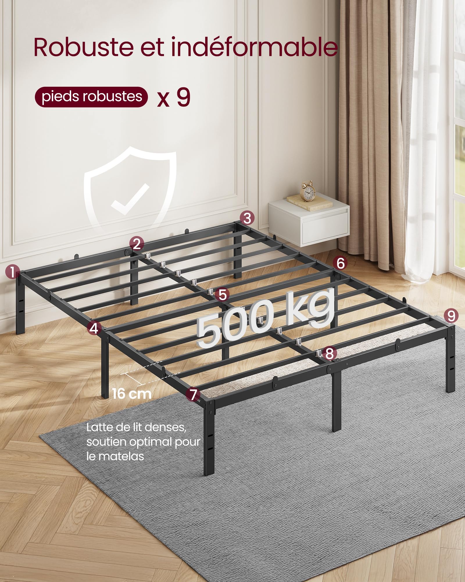 VASAGLE Lit 140 x 190 avec sommier, Cadre de lit Double en métal, 9 Pieds Robustes supporte 450 kg, Espace de Rangement, Montage Facile, Noir d'encre RMB133B01