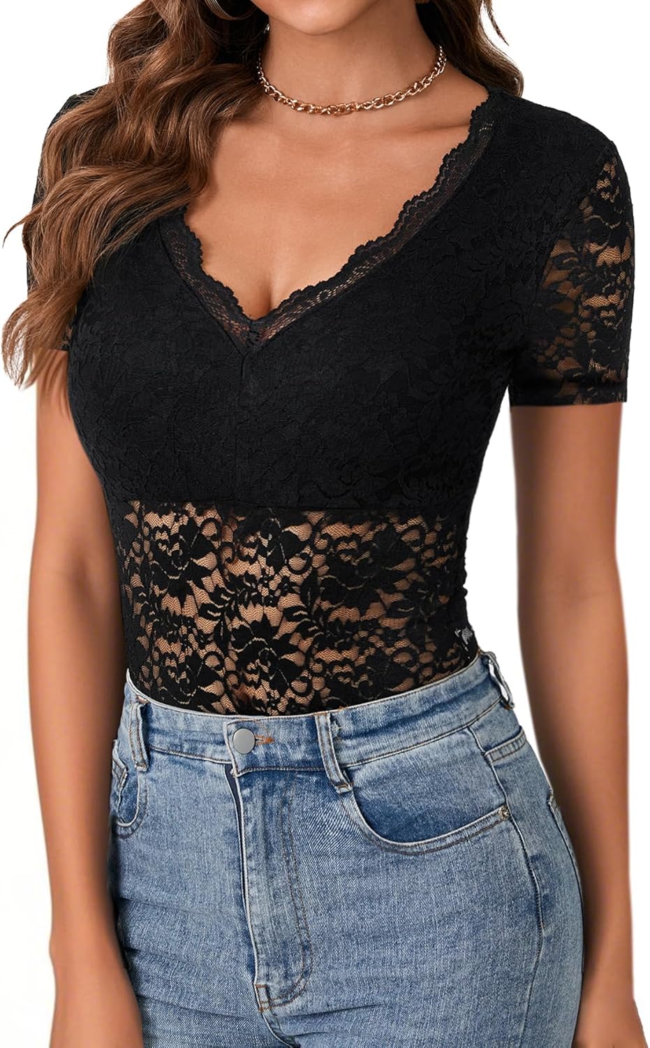 Rooscier Women's Floral Lace Sheer V Neck Short Sleeve Sexy Going Out Bodysuits Top Leotard - Image 3