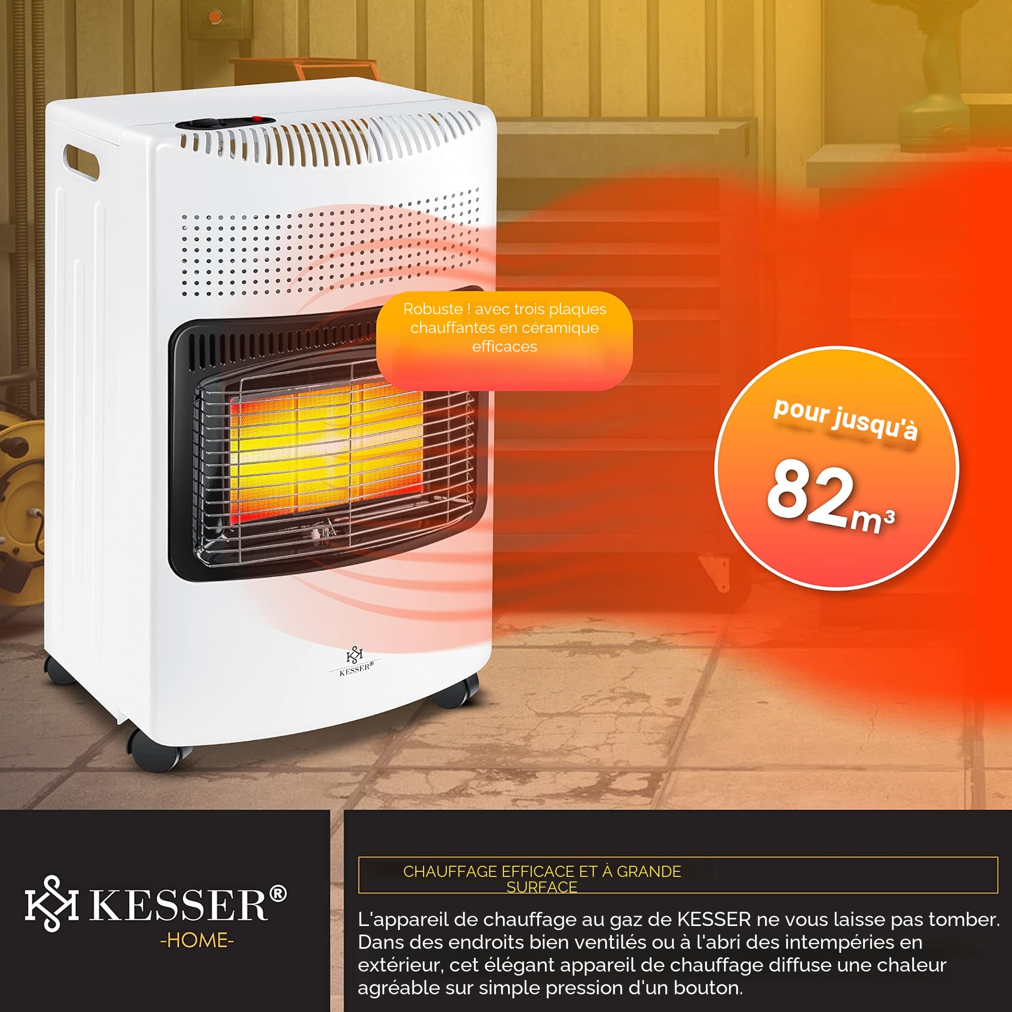 KESSER® Chauffage à gaz en céramique 4200 W avec régulateur de pression, tuyau, brûleur infrarouge, bouteilles de gaz butane