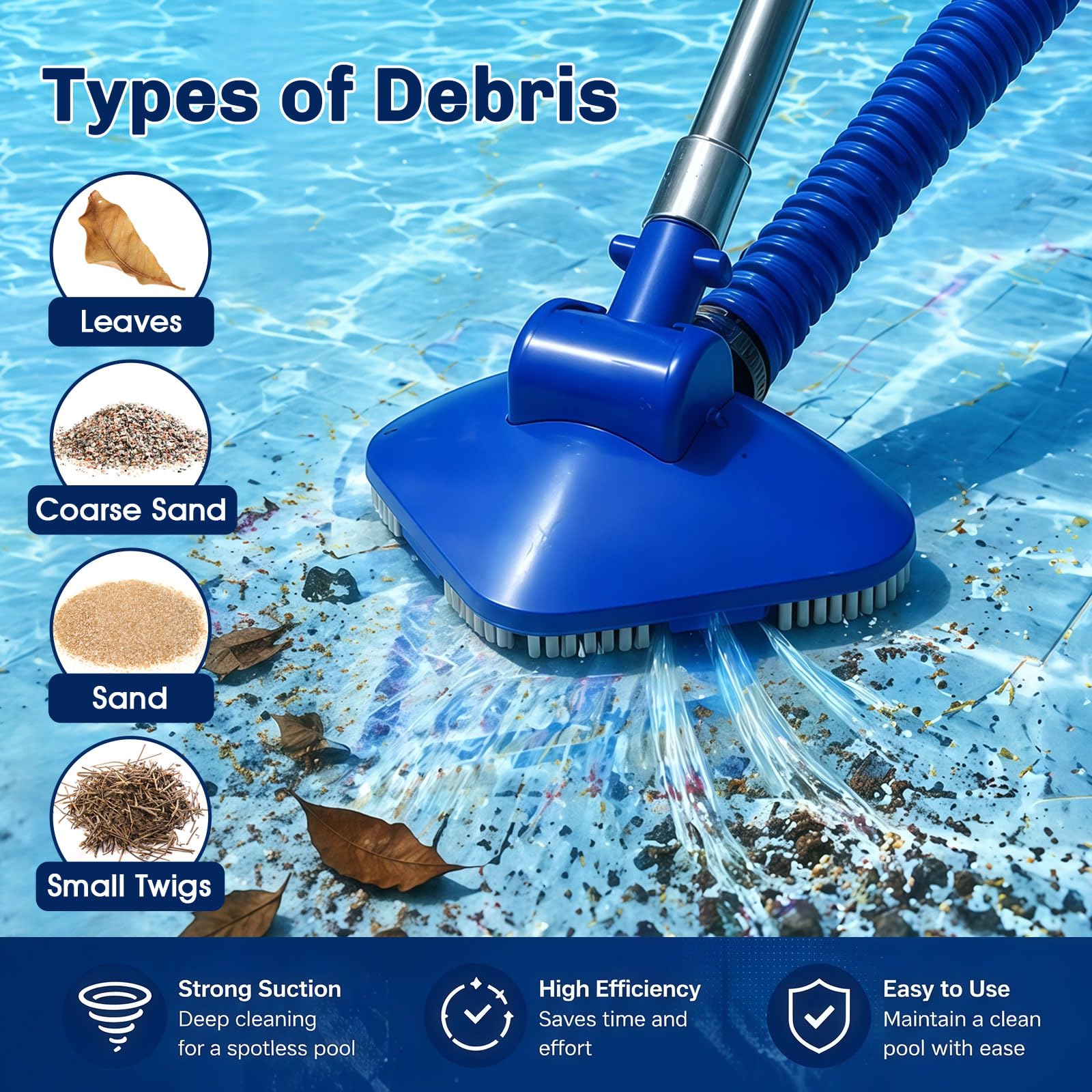Kit aspirateur de piscine portatif sans fil – alimenté par l'eau, pas besoin de batterie, avec perche télescopique de 2,5 m, nettoyeur portable pour spa, jacuzzi, petite piscine hors sol et réservoir