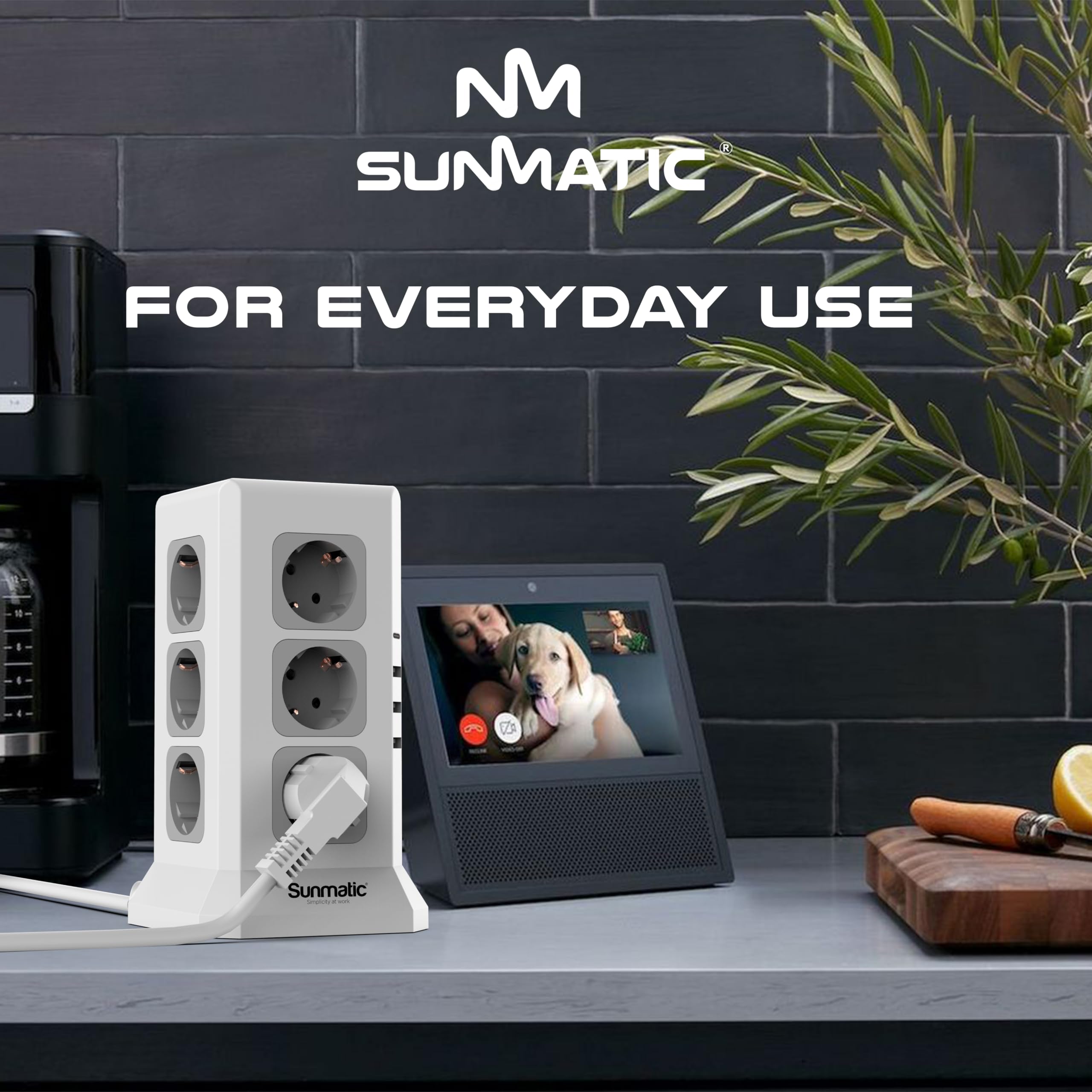 SUNMATIC Mehrfachsteckdose 12 EU, Überspannungsschutz, 3 USB-A, 1 USB-C, Schalter, Verlängerungskabel 2m, 3680W, Kindersicherung, Feuerfest, Schuko, für Büro & Homeoffice